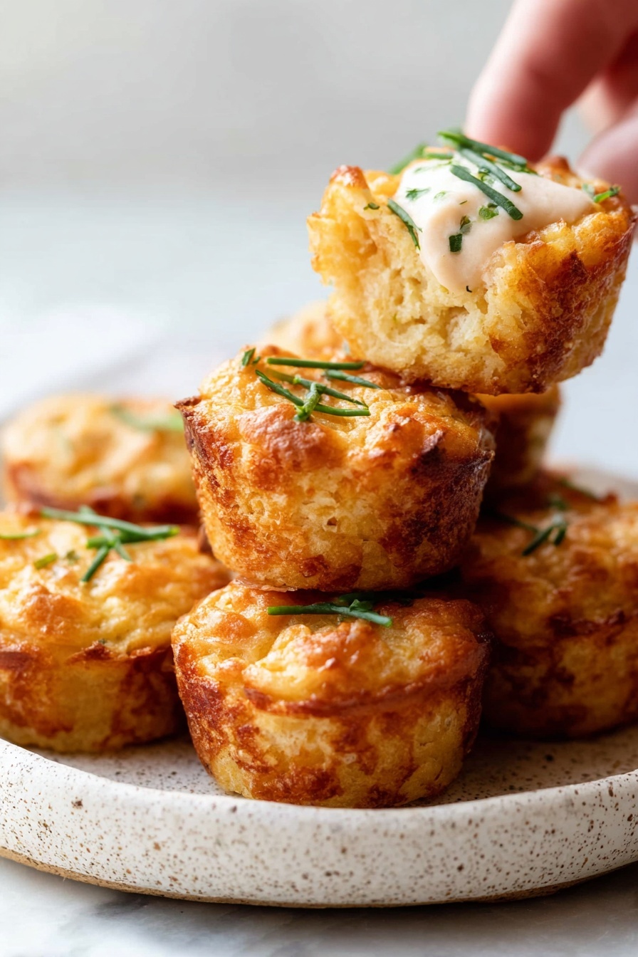 A stack of small, golden-brown muffins with a slightly crispy top sits on a white speckled plate, placed on a white marbled surface. The muffins have a textured, crumbly look, and each one is garnished with a few pieces of chopped green herbs on top. One muffin is held by a woman's hand above the stack, showing the soft and moist inside with a dollop of creamy white sauce sprinkled with green herbs on it. The background is softly lit, focusing attention on the warm tones and textures of the muffins. photo taken with an iphone --ar 2:3 --v 7 - Mini Crab Cake Bites, Crab Cake Bites, Mini Crab Cakes Appetizer, Seafood Party Bites, Easy Crab Cake Recipes