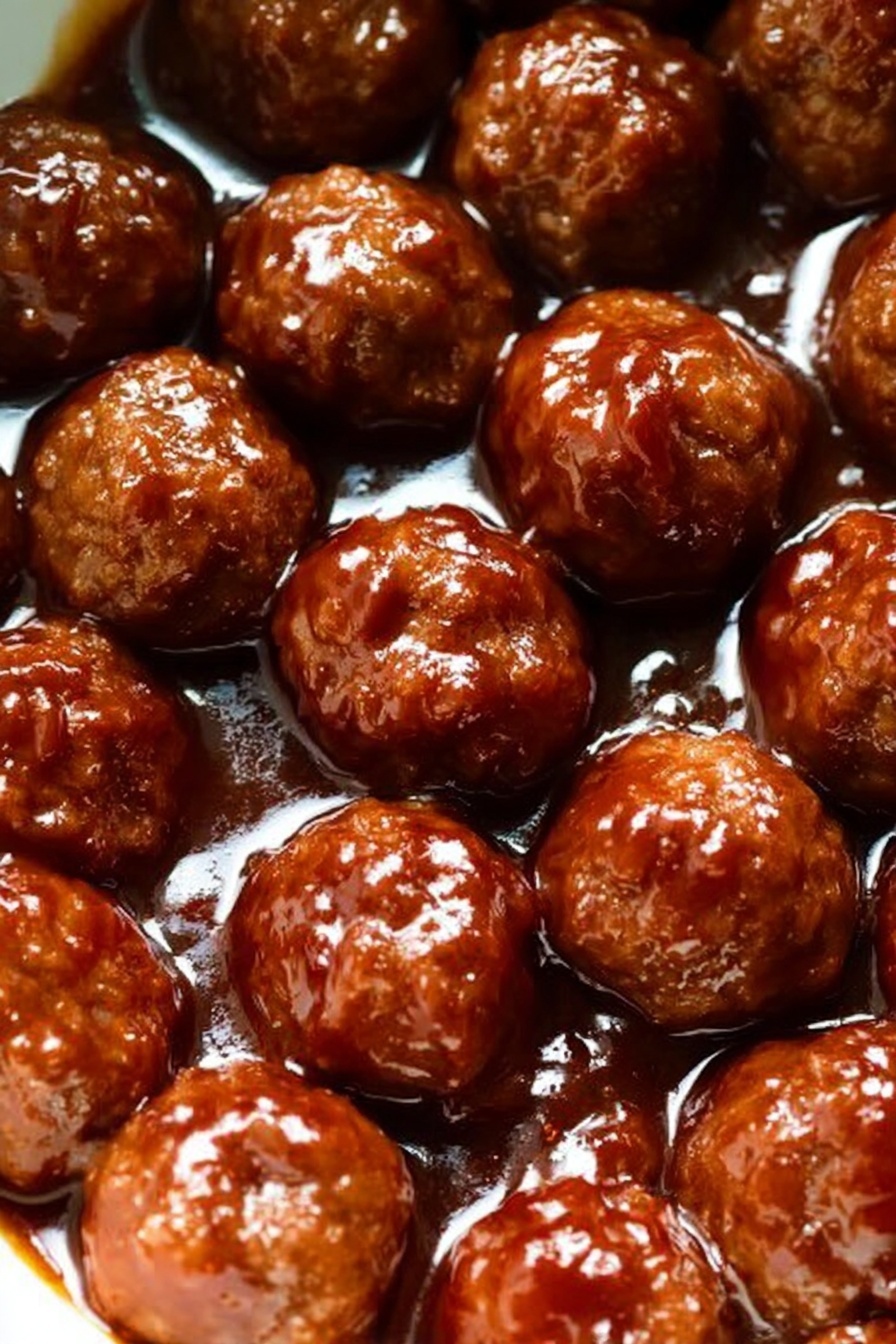 The image shows many round meatballs, each covered in shiny dark brown sauce, sitting close together in the sauce that pools beneath them. The meatballs have a slightly coarse texture with small bumps and an evenly browned surface. The sauce looks thick and glossy, giving the meatballs a wet and rich look. The background is a white marbled texture. photo taken with an iphone --ar 2:3 --v 7 - Crockpot BBQ Meatballs, easy BBQ meatballs, slow cooker meatballs, sweet grape jelly meatballs, party appetizer recipes