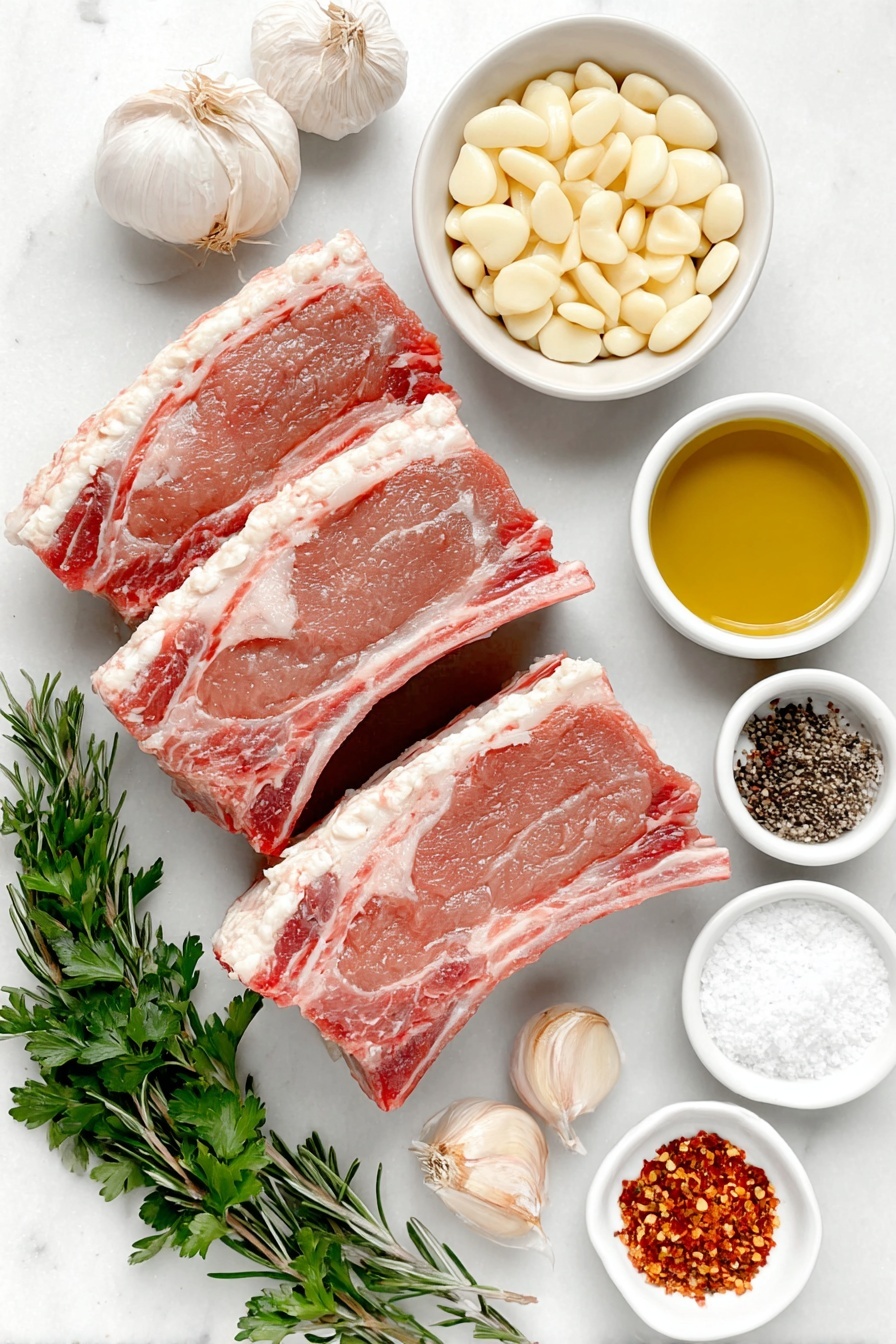 Flat lay of two fresh raw lamb racks with a layer of creamy white fat on top, ten whole unpeeled garlic cloves scattered naturally, a small bunch of vibrant green fresh parsley sprigs, a small white bowl filled with rich golden extra virgin olive oil, a small white bowl containing coarse dry rosemary needles, a small white bowl with bright red crushed red pepper flakes, a small white bowl of coarse kosher salt crystals, and a small white bowl of freshly ground black pepper placed symmetrically around the lamb racks, all arranged on a clean white marble surface, soft natural light, photo taken with an iPhone, professional food photography style, fresh ingredients, white ceramic bowls, no bottles, no duplicates, no utensils, no packaging --ar 2:3 --v 7 --p m7354615311229779997 - Garlic Herb Rack of Lamb Roast, rack of lamb recipe, roasted lamb with herbs, easy lamb dinner, elegant holiday lamb
