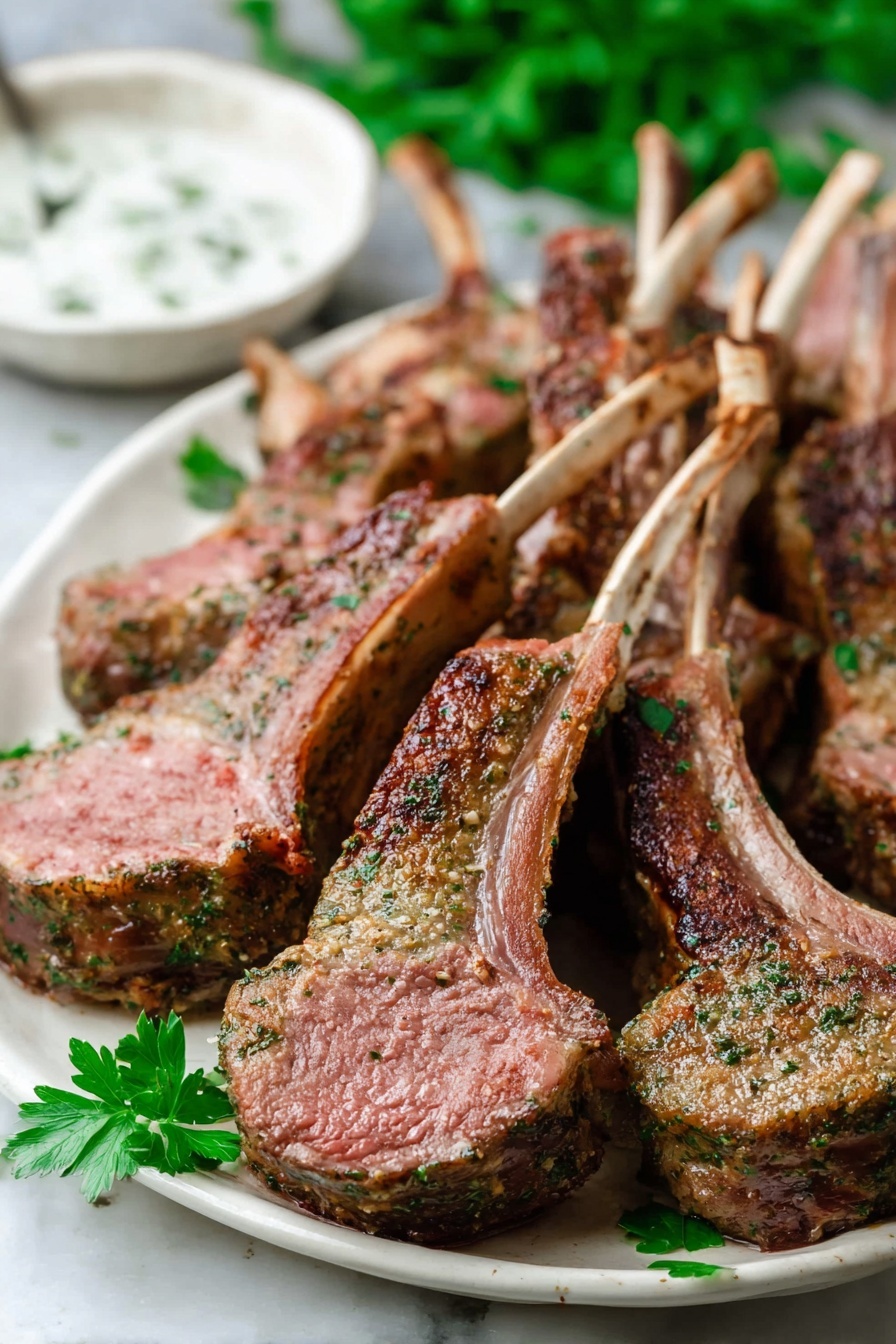 The image shows several cooked lamb chops arranged closely together on a white marbled surface. Each lamb chop is sliced and reveals a pinkish-red inside with a brown crust on the outside, showing a textured, grilled surface. Some pieces have small bones sticking out visible in the center. Fresh green parsley leaves are scattered around adding a touch of vibrant green. The meat looks juicy and well-seasoned with visible herbs on the brown outer layer. photo taken with an iphone --ar 2:3 --v 7 - Garlic Herb Rack of Lamb Roast, rack of lamb recipe, roasted lamb with herbs, easy lamb dinner, elegant holiday lamb