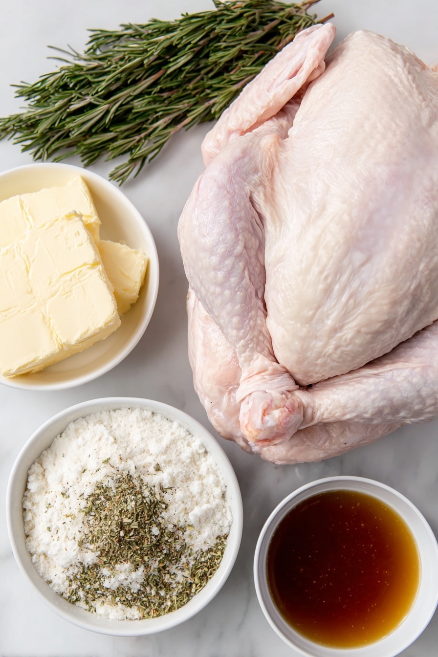 Flat lay of a whole fresh raw turkey with pale pink skin, a small white ceramic bowl of softened golden butter, a small white ceramic bowl containing a mixture of coarse seasoned salt with visible herbs and spices, a small white ceramic bowl filled with golden pan drippings, a small white ceramic bowl of fine white all-purpose flour, a small white ceramic bowl filled with rich amber turkey broth, all neatly arranged in perfect symmetry placed on a clean white marble surface, soft natural light, photo taken with an iPhone, professional food photography style, fresh ingredients, white ceramic bowls, no bottles, no duplicates, no utensils, no packaging --ar 2:3 --v 7 --p m7354615311229779997 - Oven Roasted Turkey with Gravy, Thanksgiving turkey recipe, Juicy roasted turkey, Easy turkey with gravy, Holiday centerpiece recipes