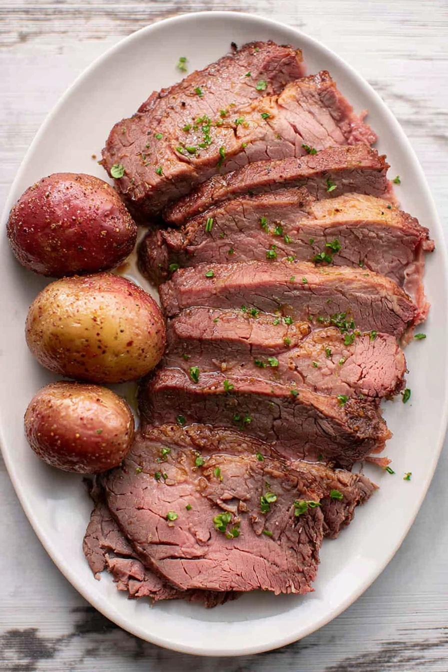 A white oval plate on a white marbled surface holds several slices of roast beef arranged in an overlapping row across the plate’s center and right side. The beef slices show a cooked brown edge with a pink inside, and small pieces of green herb garnish are sprinkled on top. On the left side of the plate, there are three whole cooked red potatoes with coarse seasoning and bits of green herbs on them. Photo taken with an iphone --ar 2:3 --v 7 - Beef Top Round Roast, top round beef roast recipe, tender beef roast, easy beef roast, budget-friendly beef dinner