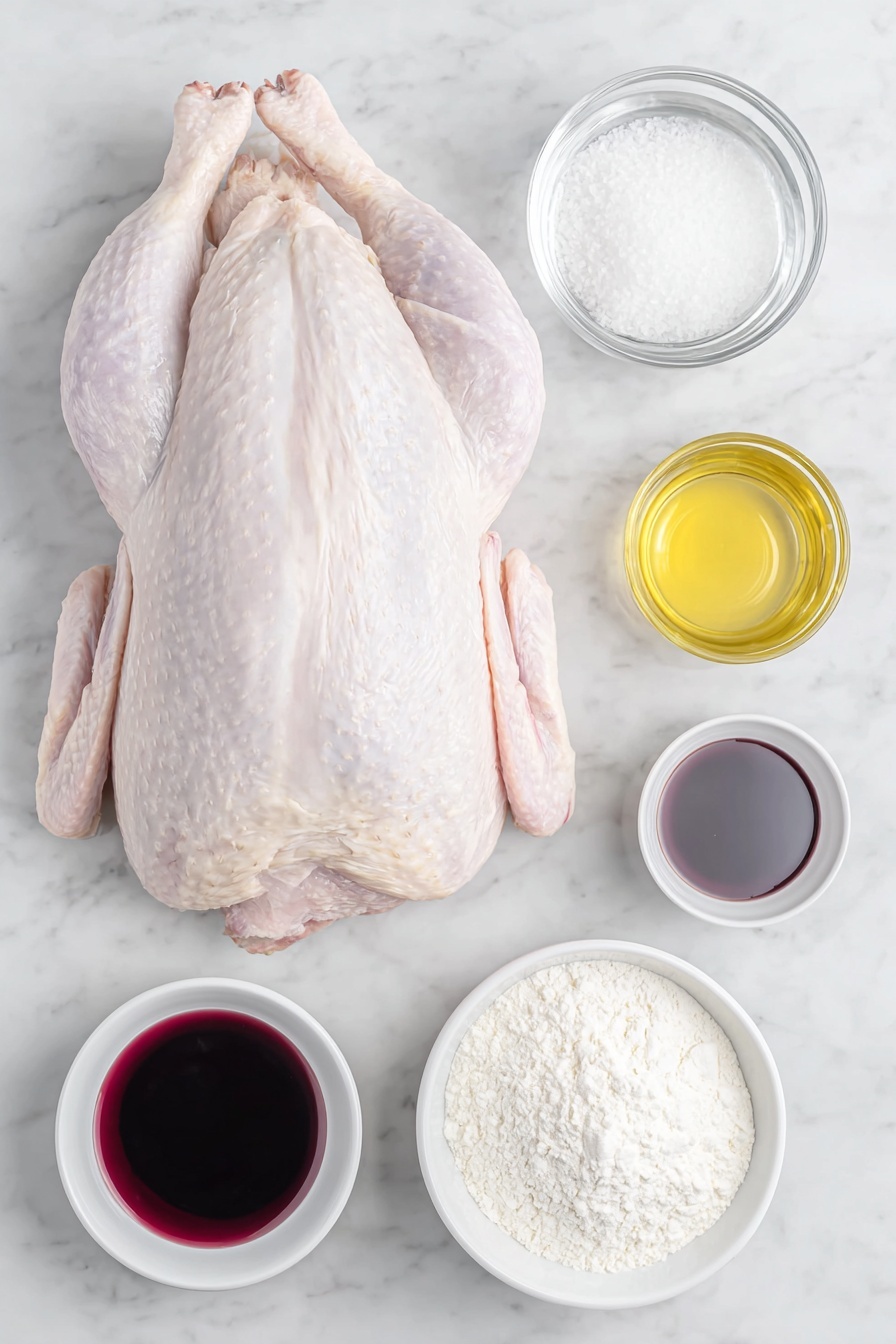 Flat lay of a whole raw goose with fresh natural skin, a small white ceramic bowl of coarse kosher salt, a small white ceramic bowl with golden cooking oil, a small white ceramic bowl filled with clear water, a small white ceramic bowl holding deep red dry red wine, and a small white ceramic bowl containing white cornstarch powder beside a small white ceramic bowl of clear water for mixing, all arranged in perfect symmetry placed on a clean white marble surface, soft natural light, photo taken with an iPhone, professional food photography style, fresh ingredients, white ceramic bowls, no bottles, no duplicates, no utensils, no packaging --ar 2:3 --v 7 --p m7354615311229779997 - Classic Roast Goose with Gravy, roast goose recipe, holiday goose dinner, crispy skin goose, homemade gravy for roast goose
