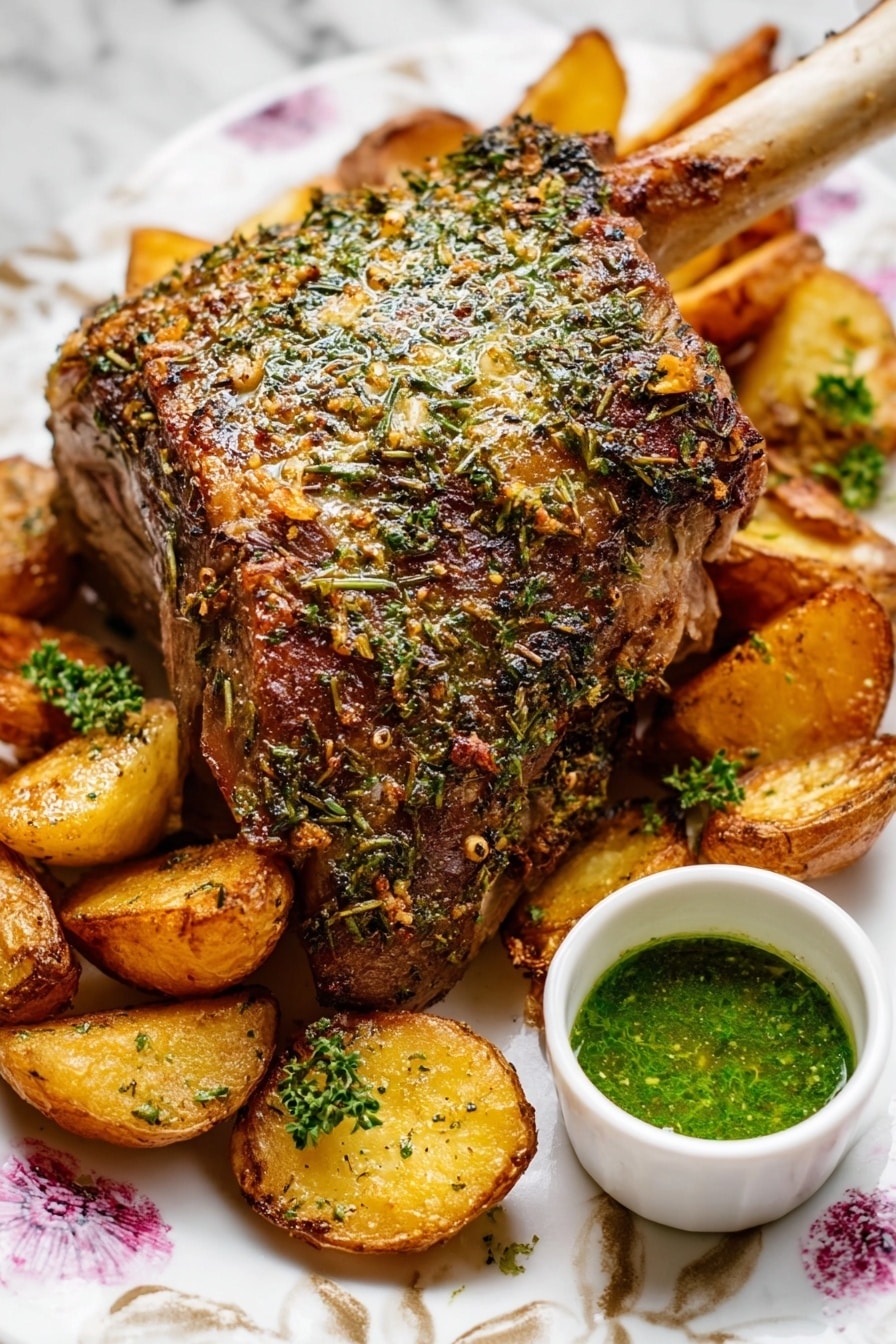 A large cooked meat piece with a white bone sticking out is in the center, covered in herbs and spices making its surface look textured and brown with green specks. Around it are two layers of roasted potato halves, golden brown with some darker grilled marks and crispy edges. Scattered small parsley leaves add green color on top of some potatoes. To the right, a small white cup contains a green sauce with a slick, slightly chunky texture. The whole dish sits on a white plate with a faint floral pattern over a white marbled surface. Photo taken with an iphone --ar 2:3 --v 7 - Roast Leg of Lamb with Mint Sauce, Roast Leg of Lamb recipe, Lamb roast with mint sauce, Sunday roast lamb, Easy lamb roast ideas