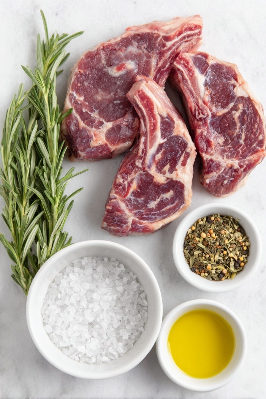 Flat lay of two raw lamb chops with a rich red color and white marbling, a small white ceramic bowl filled with coarse sea salt crystals, a small white ceramic bowl of freshly cracked black peppercorns, a small white ceramic bowl containing golden olive oil, a small bunch of fresh rosemary sprigs with deep green needles, and a small white ceramic bowl holding a blend of mixed dried herbs and spices, all arranged symmetrically on a clean white marble surface, soft natural light, photo taken with an iPhone, professional food photography style, fresh ingredients, white ceramic bowls, no bottles, no duplicates, no utensils, no packaging --ar 2:3 --v 7 --p m7354615311229779997 - Broiled Lamb Chops, Lamb Chops Recipe, Easy Lamb Dinner, Juicy Lamb Chops, Quick Lamb Main Course