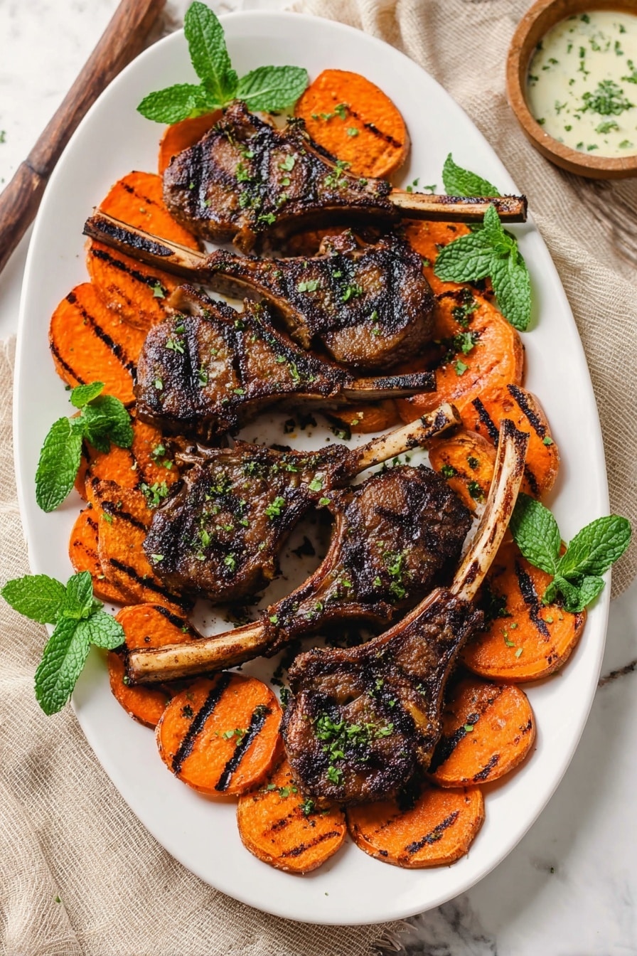A white oval plate holds six grilled lamb chops, each with a dark brown, slightly charred texture and green herb sprinkles on top. Around and between the lamb chops, there are many slices of grilled orange sweet potato with visible grill marks. Fresh green mint leaves are placed on two sides of the plate for decoration. The plate sits on a white marbled surface with a beige cloth underneath on one side. A small bowl with a light cream sauce garnished with green herbs is partly visible in the background. Photo taken with an iphone --ar 2:3 --v 7 - Broiled Lamb Chops, Lamb Chops Recipe, Easy Lamb Dinner, Juicy Lamb Chops, Quick Lamb Main Course