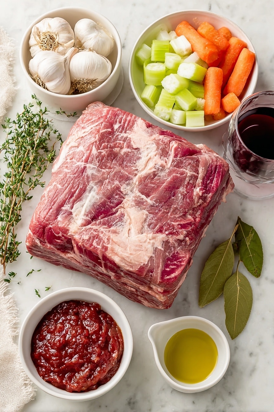 Flat lay of a large whole raw beef brisket with rich marbling, several medium yellow onions sliced into rings, medium whole carrots cut into large dice, celery ribs diced into large chunks, six whole unpeeled garlic cloves, a small white ceramic bowl of deep red dry red wine, a small white bowl filled with crushed whole peeled tomatoes with juices, a small white bowl of smooth red ketchup, fresh green sprigs of thyme, two fresh bay leaves, and a small white bowl of golden vegetable oil, all arranged symmetrically on a clean white marble surface, soft natural light, photo taken with an iPhone, professional food photography style, fresh ingredients, white ceramic bowls, no bottles, no duplicates, no utensils, no packaging --ar 2:3 --v 7 --p m7354615311229779997 - Jewish Braised Brisket, Braised Brisket Recipe, Jewish Meat Dishes, Slow-Cooker Brisket, Comforting Jewish Recipes