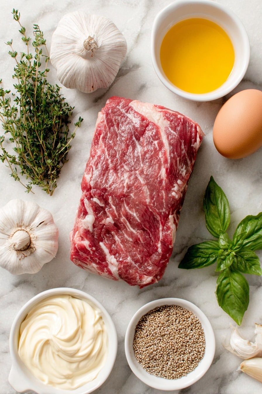 Flat lay of a large raw beef tenderloin roast with natural marbling, a halved head of garlic showing creamy cloves, a small bunch of fresh thyme sprigs, a small pile of fresh flat-leaf parsley leaves, fresh basil leaves arranged neatly, a single uncracked brown egg, a small white ceramic bowl with a smooth dollop of creamy mayonnaise, another small white bowl containing prepared horseradish cream, a small white bowl holding whole grain mustard seeds soaked in mustard sauce, a small white bowl with melted unsalted butter, and a small white bowl of light golden grape seed oil, all placed symmetrically on a clean white marble surface, soft natural light, photo taken with an iPhone, professional food photography style, fresh ingredients, white ceramic bowls, no bottles, no duplicates, no utensils, no packaging --ar 2:3 --v 7 --p m7354615311229779997 - Herb Crusted Beef Tenderloin with Horseradish Sauce, beef tenderloin with herb crust, elegant beef main dish, easy roast beef recipe, flavorful horseradish sauce