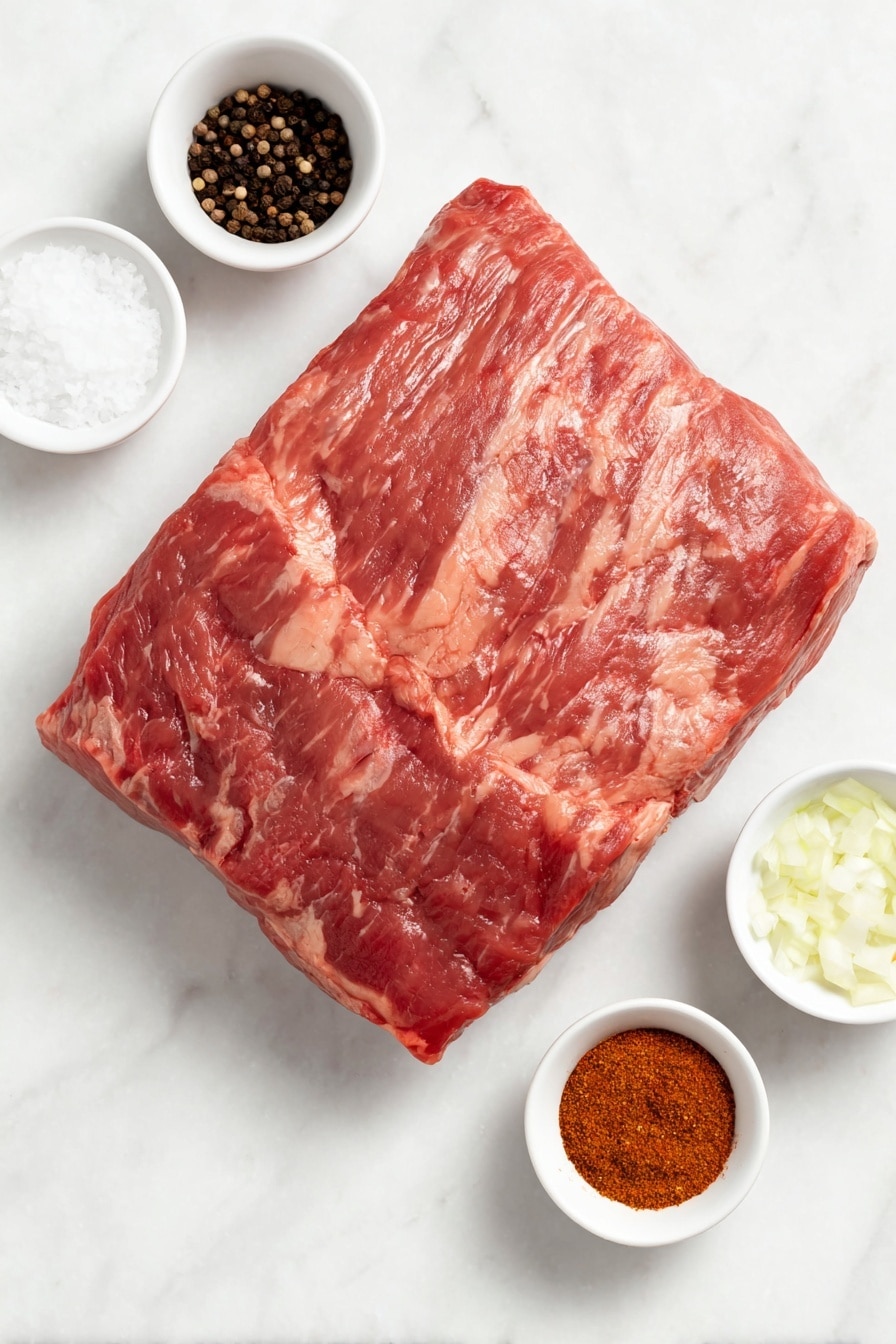 Flat lay of a large whole raw packer brisket with visible marbling and fat cap, a small white ceramic bowl of coarse salt crystals, a small white ceramic bowl of coarse black peppercorns, a small white ceramic bowl of granulated garlic powder, a small white ceramic bowl of granulated onion powder, a small white ceramic bowl of chipotle chili powder with a deep reddish hue, a small white ceramic bowl of ground coriander seeds with a warm brown tone, all arranged symmetrically and balanced, placed on a clean white marble surface, soft natural light, photo taken with an iPhone, professional food photography style, fresh ingredients, white ceramic bowls, no bottles, no duplicates, no utensils, no packaging --ar 2:3 --v 7 --p m7354615311229779997 - Texas Smoked Brisket, smoked brisket recipe, authentic BBQ brisket, Texas-style beef brisket, how to smoke brisket