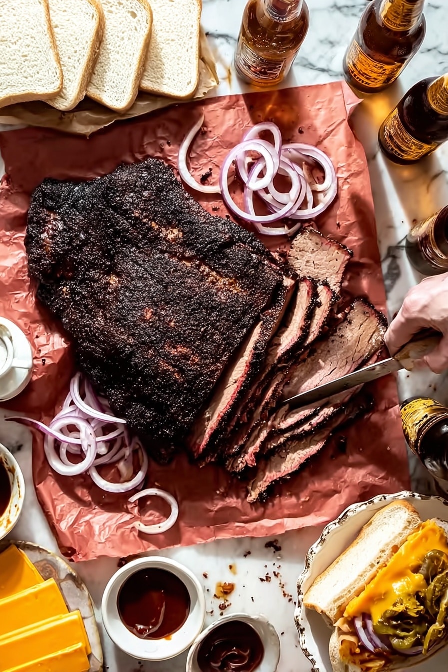 A large piece of smoked meat with a dark, crispy crust is placed on reddish-brown paper over a white marbled surface, showing several thick slices with pinkish interior layers. Thin rings of pale purple onions are scattered on top and to the side. A woman's hand with a knife and fork is slicing the meat. Around the meat are white bread slices stacked on the left and a plate of bright orange cheese slices at the bottom left. Two white bowls with more thin onion rings sit on the right. There is a small bowl of dark red barbecue sauce near the meat, with some sauce spilled on the paper and a white plate holding a sandwich with melted cheese, meat slices, and barbecue sauce to the right. Two bottles of light brown beer are also visible at the top. Photo taken with an iphone --ar 2:3 --v 7 - Texas Smoked Brisket, smoked brisket recipe, authentic BBQ brisket, Texas-style beef brisket, how to smoke brisket