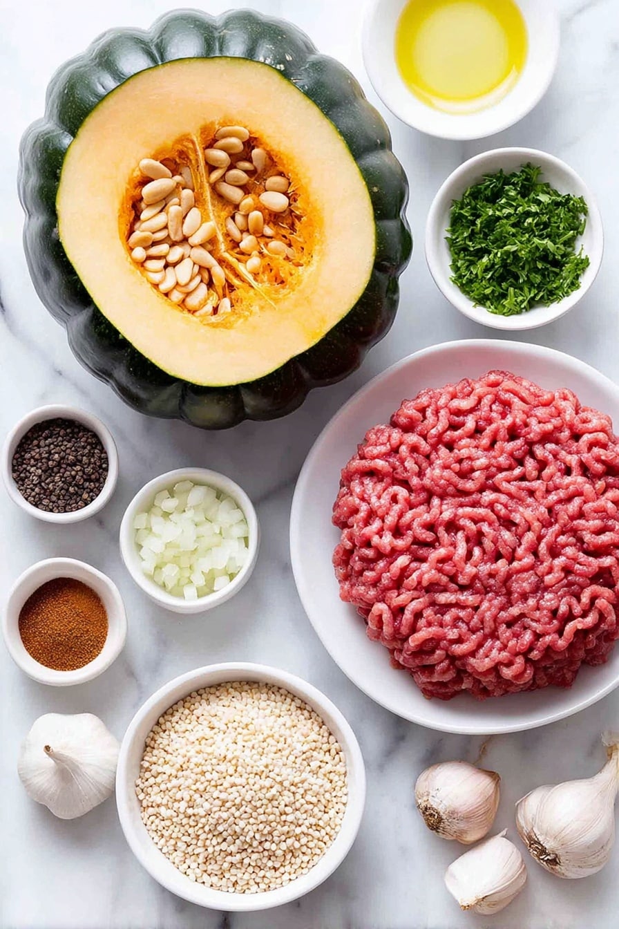 Flat lay of a halved acorn squash with bright orange flesh and deep green ridged skin, a small white bowl of golden raisins, a small white bowl of whole toasted pine nuts, a small white bowl of chopped fresh parsley, a small white bowl of finely chopped onion, four whole uncracked brown garlic cloves, a small white bowl of raw ground beef with visible red and fat marbling, a small white bowl of uncooked bulgur wheat grains, a small white bowl of extra-virgin olive oil with a golden hue, and a collection of whole warm-toned ground spices including cumin seeds, cinnamon sticks, nutmeg nut, paprika powder, black peppercorns, and coarse salt crystals scattered evenly on the white marble surface, placed on a clean white marble surface, soft natural light, photo taken with an iPhone, professional food photography style, fresh ingredients, white ceramic bowls, no bottles, no duplicates, no utensils, no packaging --ar 2:3 --v 7 --p m7354615311229779997 - Moroccan Stuffed Acorn Squash, stuffed acorn squash recipe, Moroccan squash dish, fall roasted squash recipes, spiced stuffed squash