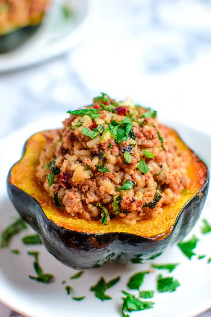 The dish is a stuffed acorn squash cut in half with a dark green and orange shell. The inside is filled with a textured mixture of cooked rice, ground meat, and small bits of vegetables, topped with chopped green herbs. The stuffing is heaped slightly above the squash edge, showing a mix of light brown and golden colors with specks of white and red. It is placed on a white plate with some green herb bits scattered around, all set on a white marbled surface. photo taken with an iphone --ar 2:3 --v 7 - Moroccan Stuffed Acorn Squash, stuffed acorn squash recipe, Moroccan squash dish, fall roasted squash recipes, spiced stuffed squash