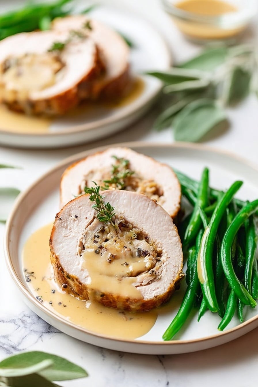 A white plate sits on a white marbled surface holding a meal with two pieces of cooked meat covered with light tan sauce, speckled with black pepper. To the right of the meat is a neat pile of bright green cooked green beans. A silver fork and knife rest crossed on the right side of the plate. In the upper right corner, there is a clear glass bowl filled with pale, smooth sauce. A couple of fresh green sage leaves are visible on the marbled surface near the plate. photo taken with an iphone --ar 2:3 --v 7 - Turkey Roulade with Cranberry Stuffing, festive turkey roulade recipe, holiday turkey breast roulade, easy turkey roulade with cranberry stuffing, show-stopping holiday centerpiece