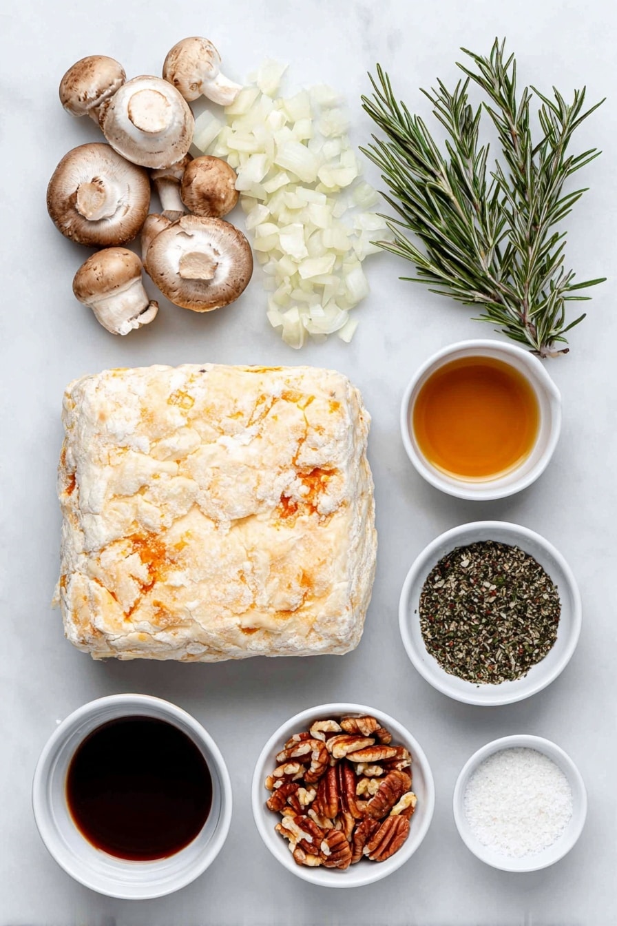 Flat lay of two sheets of cold vegan puff pastry, a variety of fresh mushrooms including cremini, king oyster, shiitake, and portobello, one large diced onion, several fat garlic cloves roughly chopped, a small pile of chopped fresh rosemary, a few sprigs of rosemary, a small white ceramic bowl of olive oil, a small white ceramic bowl with deep amber sherry wine, a small white ceramic bowl with dark balsamic vinegar, a small white ceramic bowl filled with chopped toasted pecans, a small pile of coarse kosher salt, and a small pile of cracked black pepper, placed on a clean white marble surface, soft natural light, photo taken with an iPhone, professional food photography style, fresh ingredients, white ceramic bowls, no bottles, no duplicates, no utensils, no packaging --ar 2:3 --v 7 --p m7354615311229779997 - Vegan Mushroom Wellington with Pecans, Vegan Mushroom Wellington, Plant-Based Mushroom Wellington, Holiday Vegan Wellington, Vegetarian Mushroom Wellington