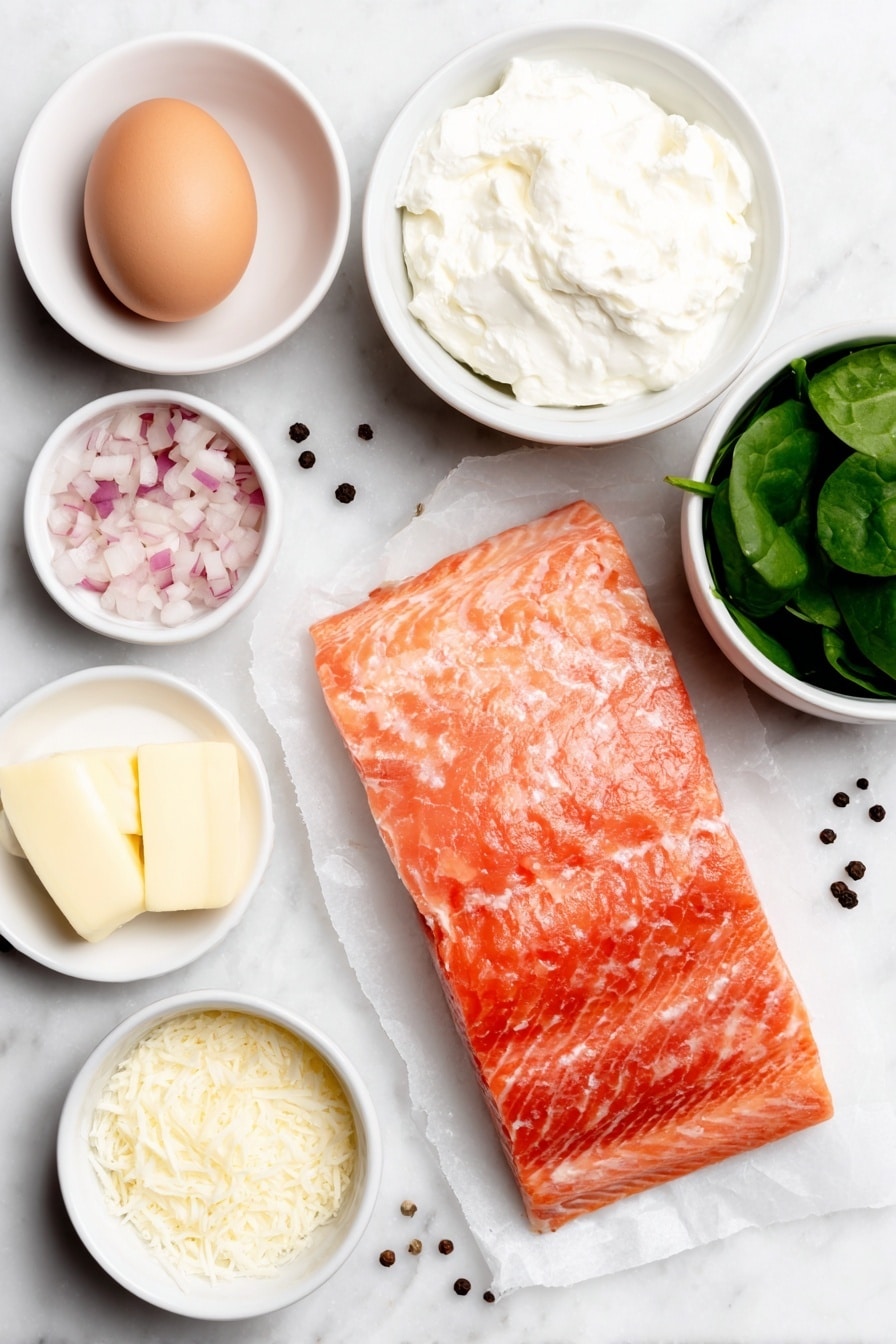 Flat lay of a whole uncracked brown egg, a small white ceramic bowl of unsalted butter, a small white ceramic bowl with diced shallot, two peeled garlic cloves, a bunch of fresh baby spinach leaves, a small white ceramic bowl of cream cheese, a small white ceramic bowl with grated parmesan cheese, a small white ceramic bowl of freshly squeezed lemon juice, a thick raw salmon filet with skin, a square sheet of thawed puff pastry on a simple white ceramic plate, kosher salt and black peppercorns loosely scattered, all arranged in perfect symmetry, placed on a clean white marble surface, soft natural light, photo taken with an iPhone, professional food photography style, fresh ingredients, white ceramic bowls, no bottles, no duplicates, no utensils, no packaging --ar 2:3 --v 7 --p m7354615311229779997 - Salmon en Croûte with Creamed Spinach, elegant salmon en croûte, puff pastry salmon dish, easy salmon en croûte recipe, gourmet salmon and spinach