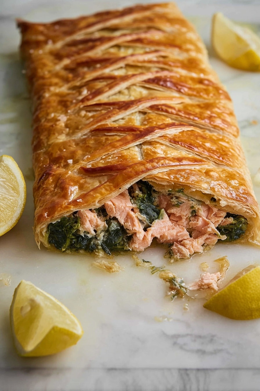 A rectangular pastry has a golden, flaky crust with five slits on top showing the green spinach layer beneath. Inside, there is a thick, pink salmon layer with a soft texture, topped with dark green cooked spinach. The pastry sits on a white marbled surface with two lemon wedges nearby, one whole and one cut in half, adding a pop of bright yellow to the scene. Photo taken with an iphone --ar 2:3 --v 7 - Salmon en Croûte with Creamed Spinach, elegant salmon en croûte, puff pastry salmon dish, easy salmon en croûte recipe, gourmet salmon and spinach