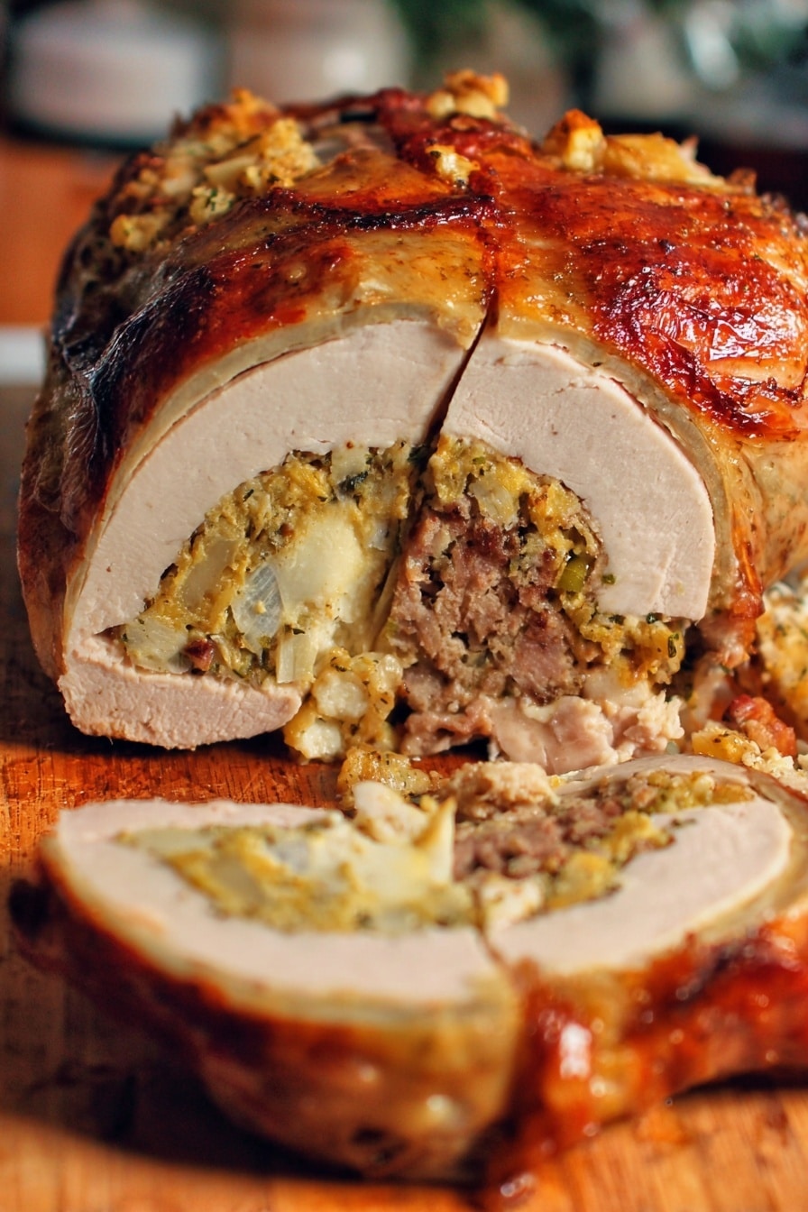 A large roasted turkey is placed on a wooden cutting board on a white marbled countertop. The turkey has a crispy, golden-brown skin with a slight shine. One side of the turkey has been sliced off, revealing the inside with several layers: the top layer is a cut of white turkey meat, below it a stuffing mixture with bits of herbs and bread, and some darker meat underneath. A person's hands are visible, one holding the turkey steady and the other with a knife making the cut. In the background, there is a clear glass mixing bowl, an olive oil bottle, and some kitchen utensils. The whole scene is well lit, showing warm tones of the food clearly. photo taken with an iphone --ar 2:3 --v 7 - Easy Turducken, Turducken with Cornbread Stuffing, Holiday Showstopper, Layered Poultry Dish, Festive Main Course