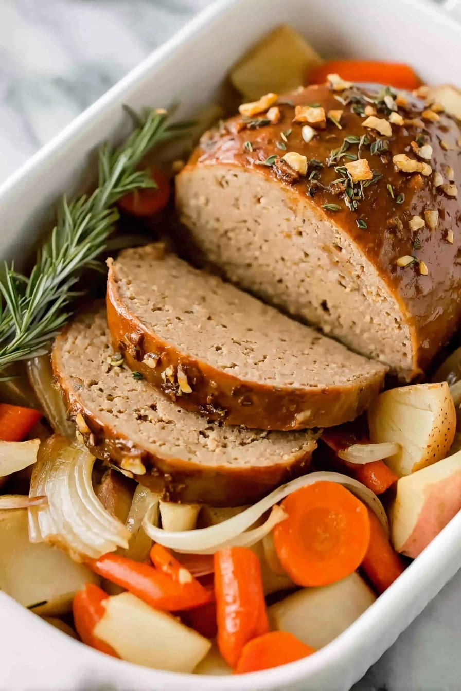 A white baking dish holds one round loaf of golden brown meatloaf, partially sliced into three thick, even pieces showing a smooth, dense inside. The top of the meatloaf is sprinkled with small bits of herbs and tiny onion pieces. Around the meatloaf, there is a mix of cooked vegetables, including orange carrot chunks, pale potato pieces, and translucent onion strips, all resting directly on the vegetables is a sprig of green rosemary. The whole scene is set on a white marbled surface. photo taken with an iphone --ar 2:3 --v 7 - Vegan Tofurky Roast with Roasted Vegetables, plant-based holiday main dish, vegan roast recipe, vegetarian holiday centerpiece, easy vegan dinner ideas