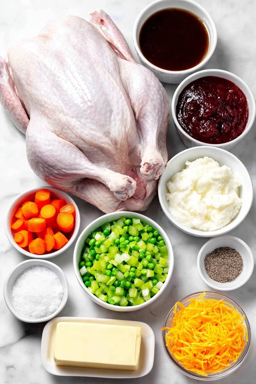 Flat lay of a whole raw duck with glossy skin, a small mound of coarse kosher salt crystals, a single fresh medium carrot diced into small cubes, a medium yellow onion diced, a large celery rib diced into pieces, a small white ceramic bowl filled with rich brown beef or chicken stock, a small white bowl containing thick deep red tomato paste, a small white bowl of granulated white sugar, a small white bowl holding deep red wine vinegar, fine julienne strips of bright orange navel orange zest neatly arranged, a small white bowl with fresh vibrant navel orange juice, a small white bowl with pale yellow fresh lemon juice, a small white bowl of cold unsalted butter, and a few twists of freshly ground black pepper, all ingredients carefully spaced symmetrically on a clean white marble surface, soft natural light, photo taken with an iPhone, professional food photography style, fresh ingredients, white ceramic bowls, no bottles, no duplicates, no utensils, no packaging --ar 2:3 --v 7 --p m7354615311229779997 - Sweet and Savory Duck à l'Orange, Duck à l'Orange recipe, French duck recipes, orange sauce duck, easy duck dinner