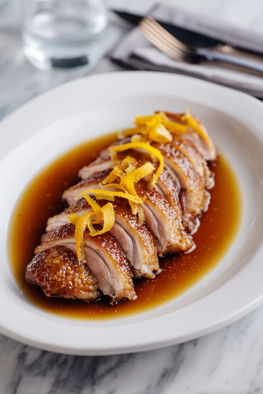 The image shows a white plate with a carved cooked duck leg placed in the center. The duck leg is sliced into six pieces arranged in a row with the single whole part of the leg at the back. The crispy, golden-brown skin of the duck contrasts with the tender, pale meat inside. Thin strips of orange peel are scattered on top of the meat and plate. A shiny brown sauce pools around the duck, covering almost the whole plate. The setting is on a white marbled surface with silver cutlery visible on the right side of the plate. Photo taken with an iphone --ar 2:3 --v 7 - Sweet and Savory Duck à l'Orange, Duck à l'Orange recipe, French duck recipes, orange sauce duck, easy duck dinner