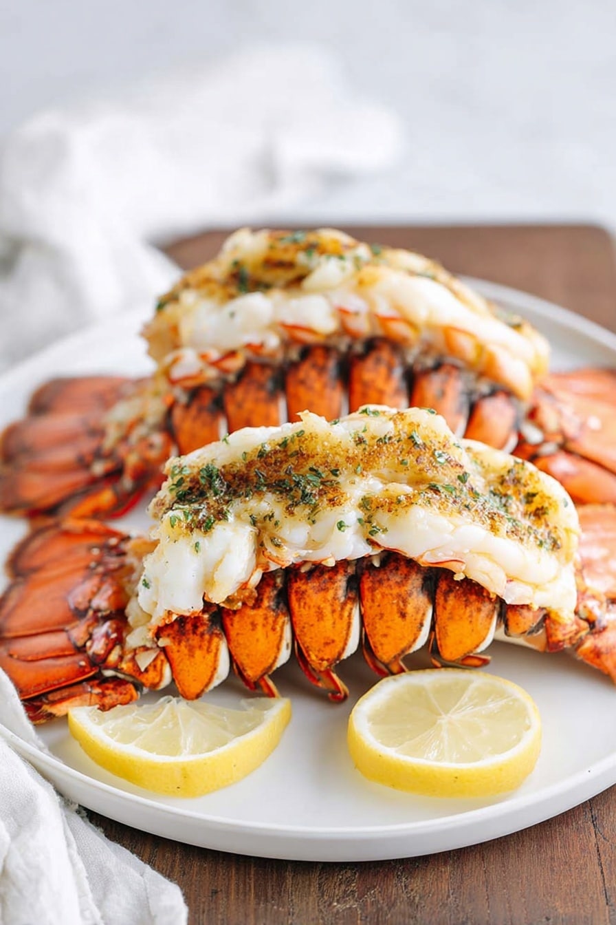 The image shows a close-up view of three cooked lobster tails placed side by side on a metal baking tray. Each lobster tail has a thick white layer of cooked lobster meat on top with a golden and slightly green seasoning, possibly herbs or butter sauce. The shells are an orange-brown color with visible white spots, and the meat looks tender and juicy. The background is a kitchen with white marbled texture on the surface, part of a white apron, and a blurred figure standing in the background. Photo taken with an iphone --ar 2:3 --v 7 - Broiled Lobster Tails with Herb Butter, lobster tail recipes, easy lobster tail dinner, seafood main course, luxurious seafood dishes