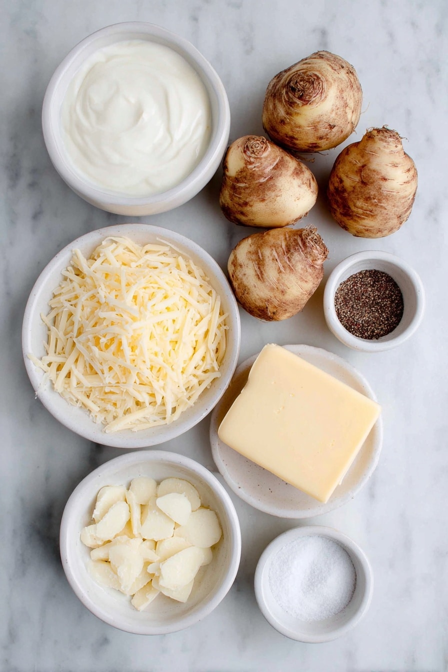 Flat lay of fresh small turnips whole and sliced thin, a half stick of soft butter, two uncracked brown garlic cloves, a small white ceramic bowl with heavy whipping cream, a small white bowl with grated Parmesan cheese, a small white bowl with grated sharp Cheddar cheese, a small white bowl of fine white salt, a small white bowl of cracked black pepper, and a small white bowl with fine white glucomannan powder, all arranged in perfect symmetry on a clean white ceramic surface, placed on a clean white marble surface, soft natural light, photo taken with an iPhone, professional food photography style, fresh ingredients, white ceramic bowls, no bottles, no duplicates, no utensils, no packaging --ar 2:3 --v 7 --p m7354615311229779997 - Cheesy Turnip Gratin, turnip gratin, cheesy side dish, low-carb turnip recipe, baked turnip casserole