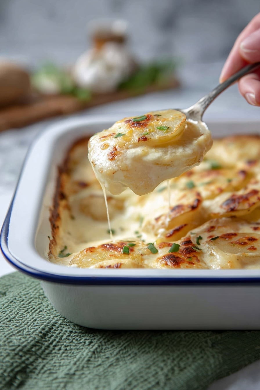A close-up view of a layered potato dish in a white baking dish with blue trim, showing several soft, round slices of potato stacked with creamy white sauce and melted cheese with a light golden brown top layer and small bits of green herbs sprinkled on top. A woman's hand holds a spoonful of the potatoes above the dish, highlighting the smooth, creamy texture and slight browning. The background shows a white marbled surface with some blurred kitchen items, and a green textured cloth is visible under the dish. photo taken with an iphone --ar 2:3 --v 7 - Cheesy Turnip Gratin, turnip gratin, cheesy side dish, low-carb turnip recipe, baked turnip casserole