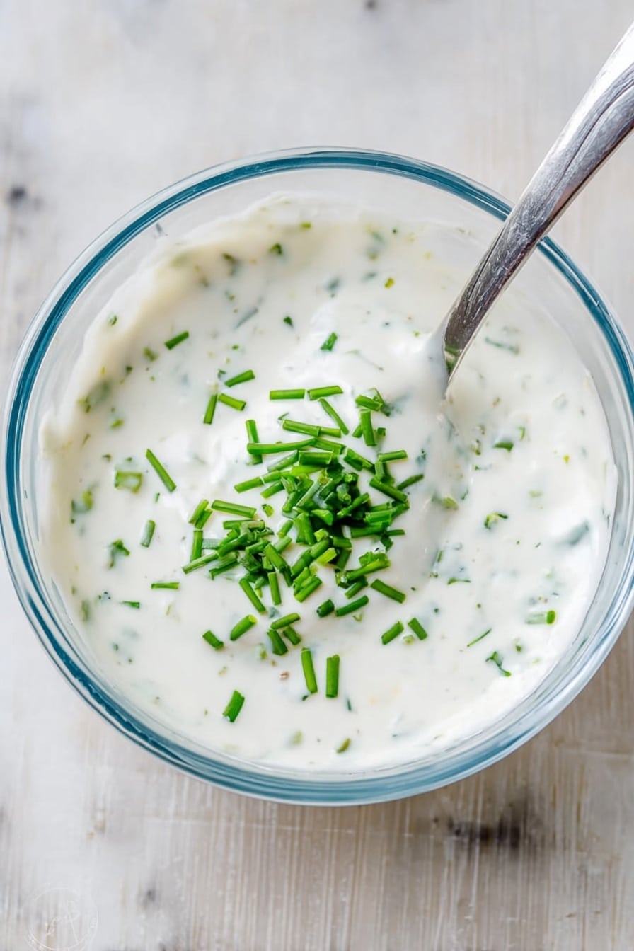 A clear glass bowl holds a creamy white sauce mixed with small green chive pieces, giving the sauce a slightly speckled look. Inside the bowl, a silver spoon is resting on the right side, partly dipped into the sauce. The sauce has a smooth texture with some green chives spread on top. The bowl is placed on a white marbled surface. photo taken with an iphone --ar 2:3 --v 7 - Horseradish Sauce for Prime Rib and Steak, horseradish sauce, prime rib sauce, steak condiments, easy beef sauce