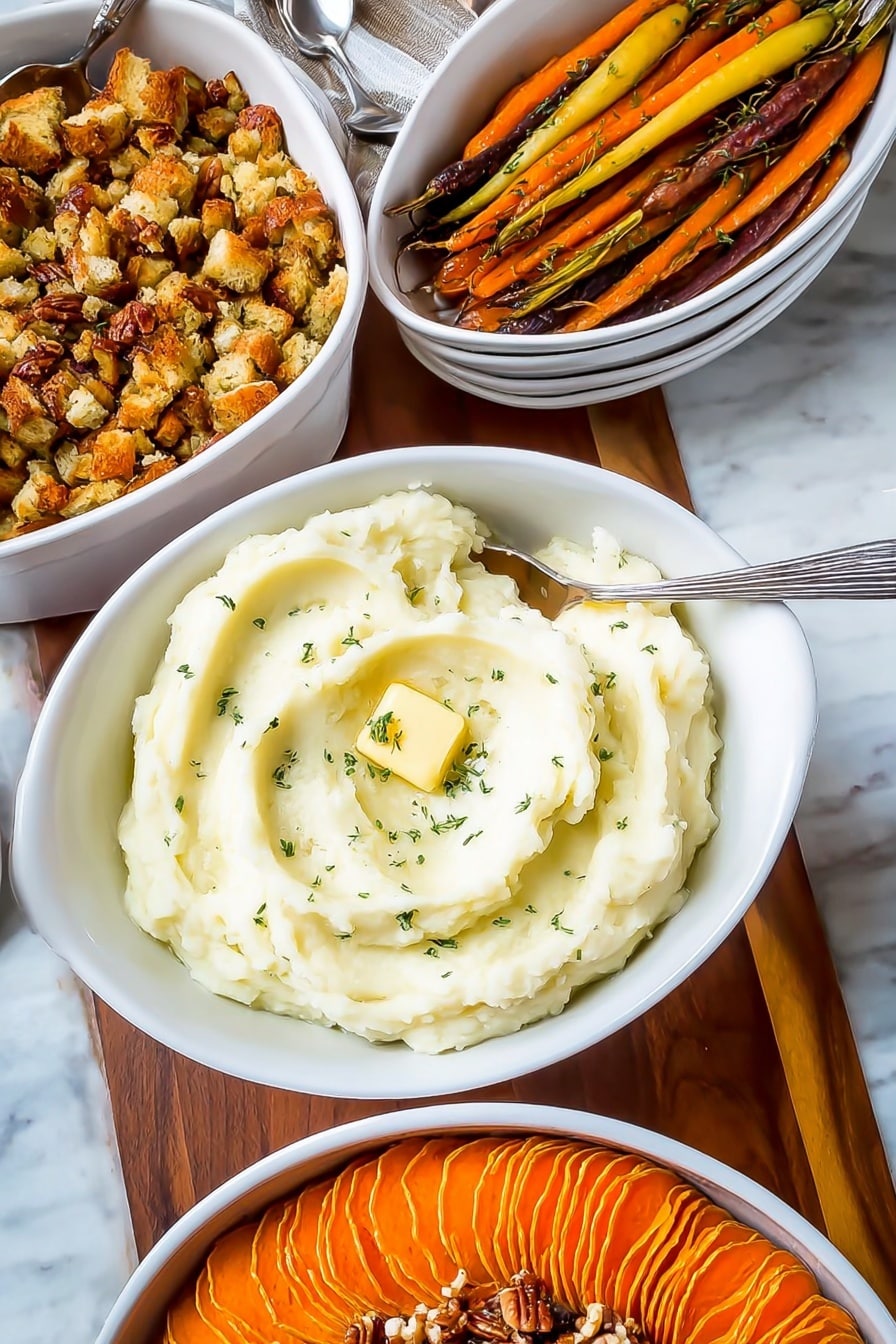 The image shows three white dishes arranged on a wooden table with a white marbled background. The center dish contains creamy mashed potatoes with soft swirls, topped with a small square of melting butter and sprinkled with small green herbs. To the back right, a white bowl holds roasted carrots that are long and multicolored—orange, yellow, and deep purple—showing a slightly crispy texture on their skin. To the left, there is a white bowl filled with golden brown stuffing made of small bread pieces and diced vegetables, with a silver spoon resting inside. In the bottom part of the image, a round dish has a neatly layered sweet potato casserole with thin, overlapping orange slices arranged in concentric circles, topped with nut pieces and a silver spoon. The overall look is warm and hearty. Photo taken with an iphone --ar 2:3 --v 7 - Creamy Mashed Potatoes with Butter and Herbs, mashed potato side dish, easy mashed potatoes recipe, buttery herb mashed potatoes, comfort food side recipes