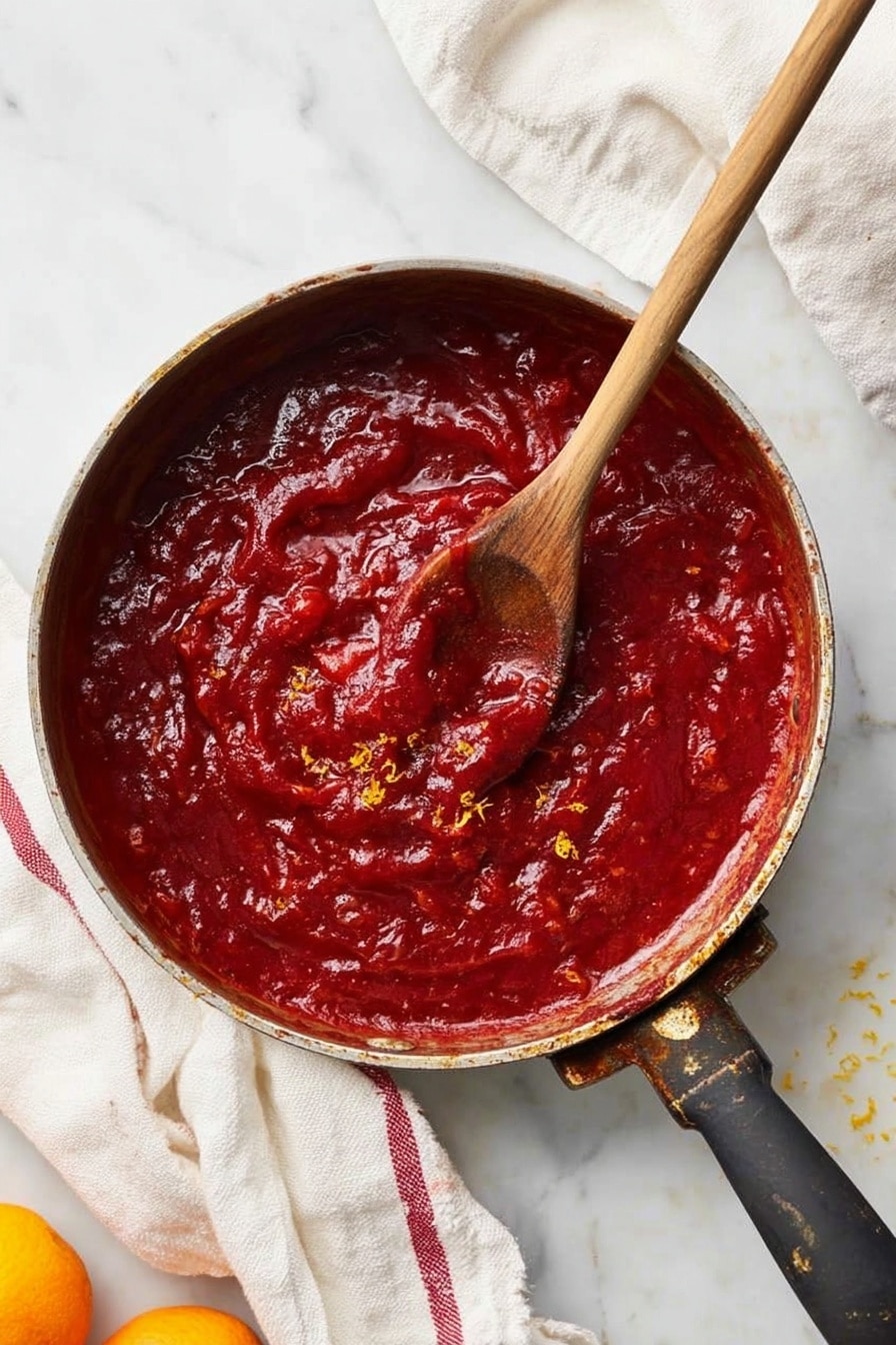 A round pan filled with a thick, deep red sauce that looks chunky and glossy, with bits of orange zest scattered through it. A wooden spoon is lying inside the sauce, partially covered by it. The pan's handle is black and worn, showing signs of use. The pan rests on a white marbled surface with a white cloth that has red stripes underneath it. A macaroni grater with a wooden handle and part of an orange are visible near the pan. Photo taken with an iphone --ar 2:3 --v 7 - Homemade Cranberry Sauce with Orange, cranberry sauce recipe, orange cranberry sauce, easy cranberry sauce, holiday cranberry sauce