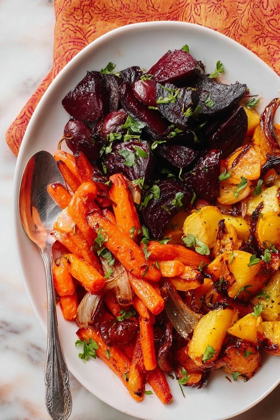 The dish shows a white plate filled with a colorful mix of roasted vegetables. The top left section has dark purple, glossy roasted beets with green herbs sprinkled on them. In the bottom section, there are bright orange roasted carrots, some cut into chunks, surrounded by bits of green herbs and small pieces of roasted onion. The right side has yellow and orange roasted sweet potatoes with some pieces slightly charred, topped with green herbs. A silver spoon rests on the left side of the plate, which lies on a white marbled surface with a small patterned orange cloth peeking at the edge. photo taken with an iphone --ar 2:3 --v 7 - Miso Glazed Roasted Root Vegetables, roasted root vegetables, miso vegetable side dish, healthy roasted vegetable recipes, glowing winter vegetables