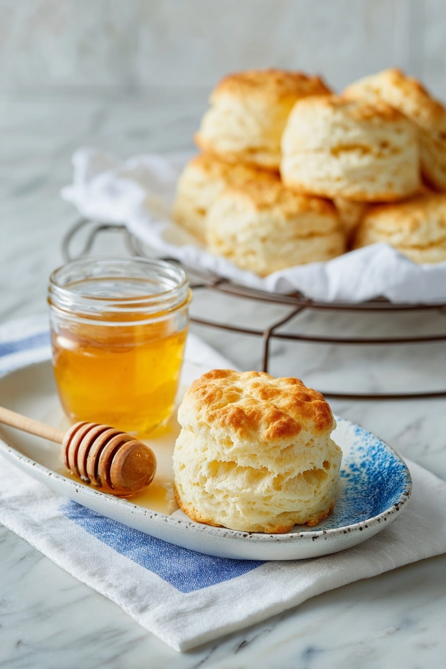 The image shows a round black cast iron pan filled with nine golden-brown biscuits with a light fluffy texture, arranged close together. Below the pan, on a white plate, there are five flaky biscuits with a slightly browned top layer stacked loosely. To the right, a white bowl contains dark red jam with a glossy texture. Further right, two biscuit halves sit on a wooden board, each topped with a dollop of the same jam. Below the plate, a small dish holds pale yellow butter, with a metal butter knife resting beside it. The whole scene is set on a white marbled surface, with a white towel featuring blue stripes partially visible under the pan. photo taken with an iphone --ar 2:3 --v 7 - Fluffy Angel Biscuits with Buttermilk and Yeast, flaky homemade biscuits, how to make airy buttermilk biscuits, tender yeast biscuits recipe, light and fluffy biscuit ideas
