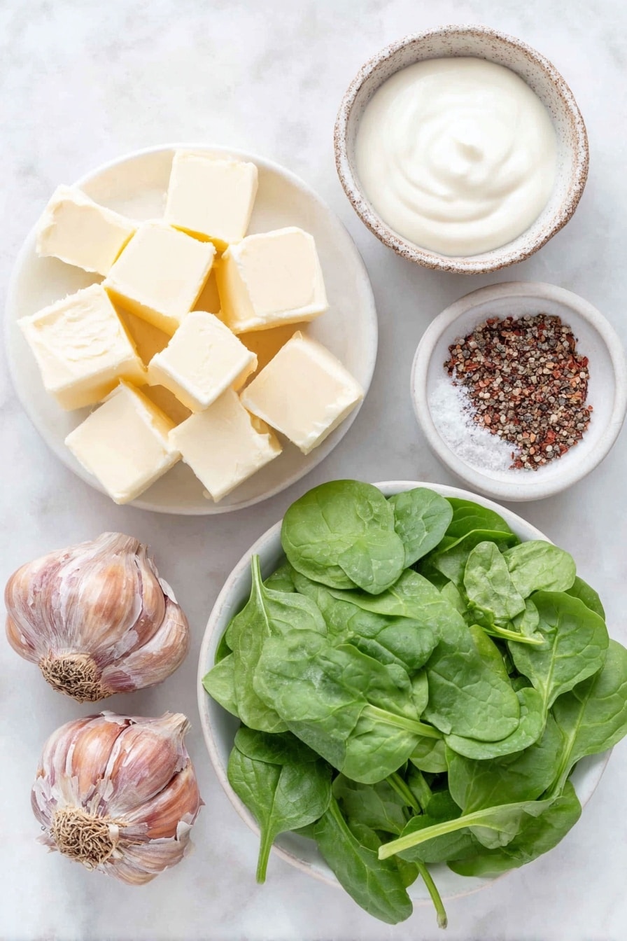 Flat lay of unsalted butter in a small white ceramic bowl, four whole uncracked brown garlic cloves, a pile of fresh vibrant baby spinach leaves, cream cheese cut into small cubes arranged neatly on a white ceramic plate, a small white bowl filled with heavy cream, a white ceramic dish with a rustic mix of dried Italian seasoning, a small white bowl containing coarse sea salt, and another small white bowl with freshly ground black pepper, all placed on a clean white marble surface, soft natural light, photo taken with an iPhone, professional food photography style, fresh ingredients, white ceramic bowls, no bottles, no duplicates, no utensils, no packaging --ar 2:3 --v 7 --p m7354615311229779997 - Creamed Spinach, Creamed Spinach Side Dish, Easy Creamed Spinach Recipe, Quick Spinach Recipes, Silky Creamed Spinach