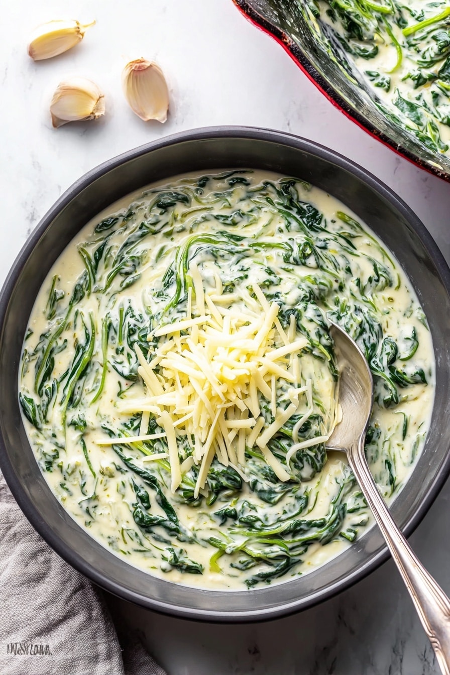 A dark gray bowl filled with creamy white spinach mixed in a smooth sauce, evenly spread to the edges, topped with a small pile of thin, light yellow shredded cheese in the center; a silver spoon rests on the right side inside the bowl. In the top right corner, part of a dark gray pan with a red edge holds more of the creamy spinach mixture. Three garlic cloves lie on the white marbled surface near the bowl, and a folded light gray cloth is at the bottom left corner. The lighting is bright and natural, highlighting the creamy texture and green spinach leaves. Photo taken with an iphone --ar 2:3 --v 7 - Creamed Spinach, Creamed Spinach Side Dish, Easy Creamed Spinach Recipe, Quick Spinach Recipes, Silky Creamed Spinach