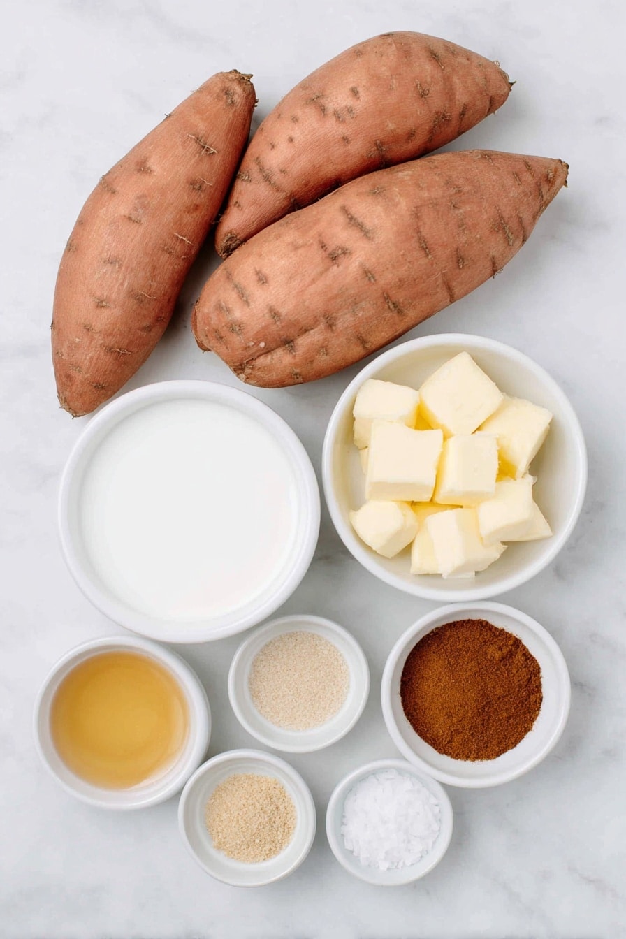 Flat lay of three whole fresh sweet potatoes with smooth orange skin, a small white ceramic bowl filled with creamy full-fat coconut milk, a petite white bowl holding golden maple syrup, a tiny white bowl of clear vanilla extract, a small white bowl with warm brown cinnamon powder, a small white bowl with bright yellow butter cubes, a tiny white bowl of pale beige ground ginger, a miniature white bowl containing fine allspice powder, and a tiny white bowl with white salt crystals, all arranged in perfect symmetry on a clean white marble surface, soft natural light, photo taken with an iPhone, professional food photography style, fresh ingredients, white ceramic bowls, no bottles, no duplicates, no utensils, no packaging --ar 2:3 --v 7 --p m7354615311229779997 - Brown Butter Sweet Potato Mash, sweet potato mash ideas, cozy side dishes, fall comfort foods, easy sweet potato recipes