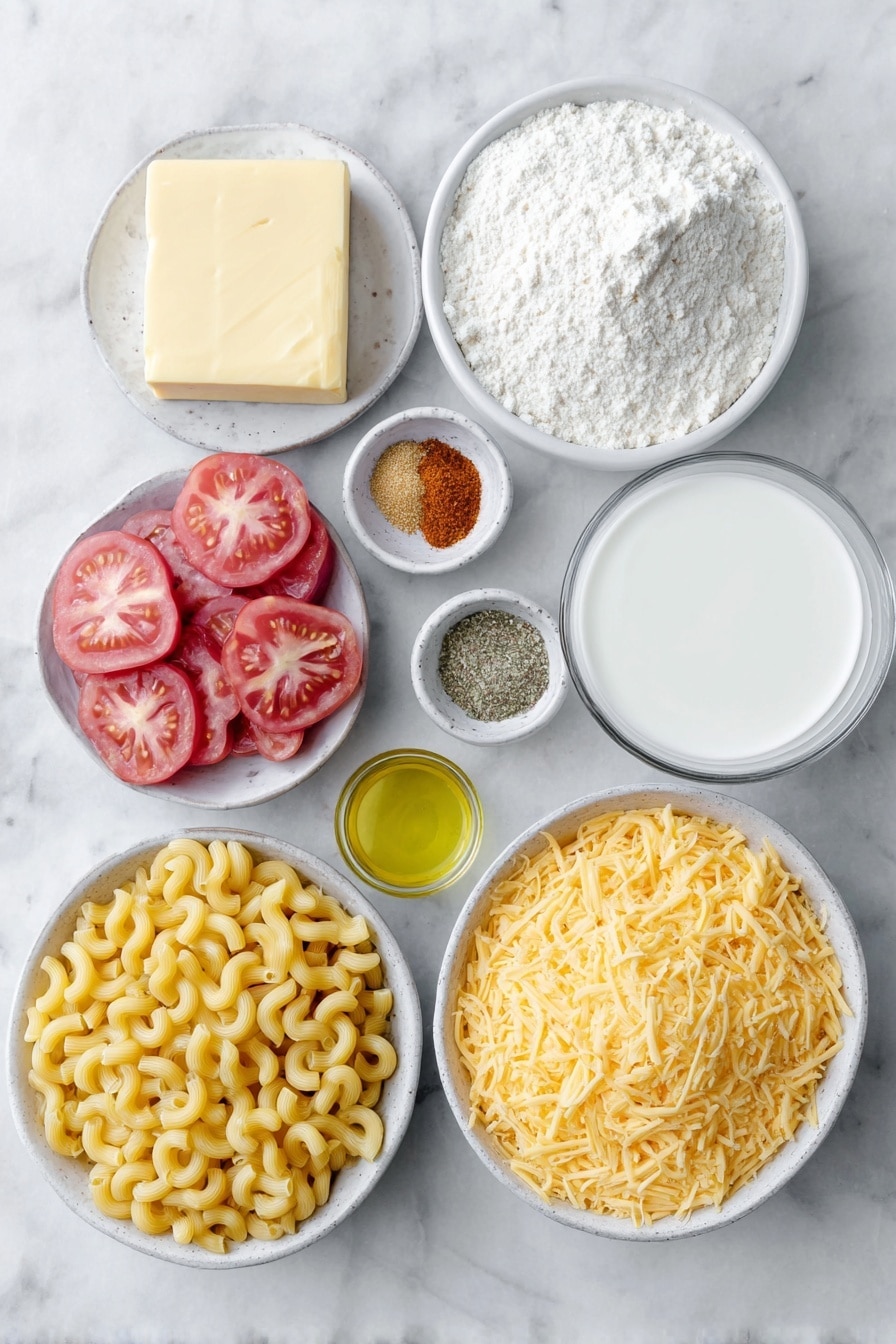 Flat lay of dried elbow macaroni, a half cup of unsalted butter stick, a small white ceramic bowl with all purpose flour, a small white ceramic bowl of whole milk, a small white ceramic bowl of double heavy cream, a pile of shredded mixed cheddar and gruyere cheese, a small white ceramic bowl with salt crystals, a small white ceramic bowl with mustard powder, a small white ceramic bowl with smoked paprika, several large ripe heirloom tomatoes sliced thinly, a small white ceramic bowl of golden olive oil, all arranged symmetrically and balanced, placed on a clean white marble surface, soft natural light, photo taken with an iPhone, professional food photography style, fresh ingredients, white ceramic bowls, no bottles, no duplicates, no utensils, no packaging --ar 2:3 --v 7 --p m7354615311229779997 - Baked Tomato Mac and Cheese, baked tomato mac and cheese recipe, cheesy tomato mac and cheese, baked pasta with tomatoes, comfort food recipes