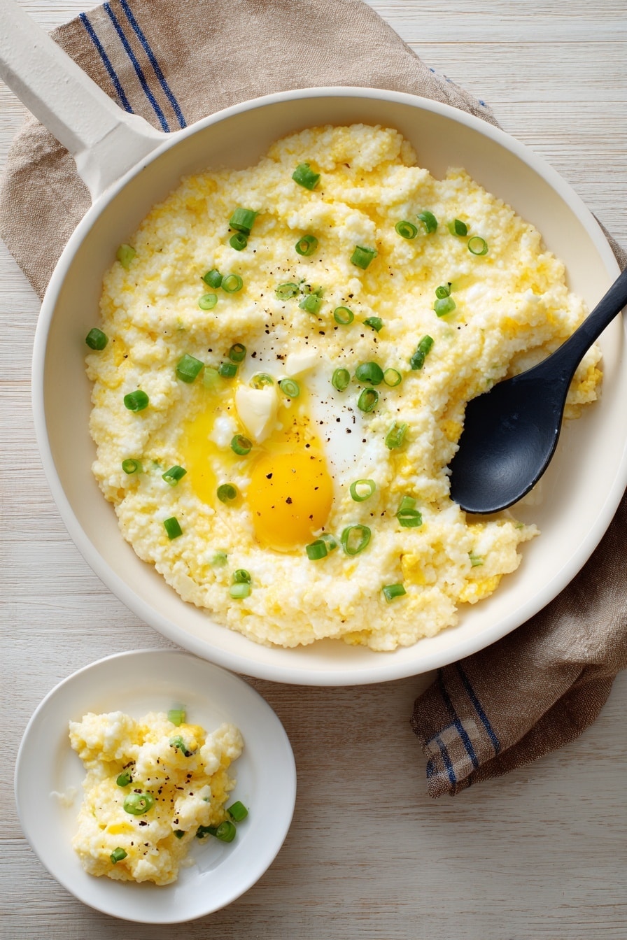 A white pan filled with creamy yellow scrambled eggs mixed with small green onion pieces scattered on top. The eggs have a soft, slightly chunky texture with melted butter pooled in the center, giving a shiny golden spot. A black spoon rests inside the pan, scooping out some eggs. Next to the pan is a small white plate holding a portion of the scrambled eggs. The pan and plate are on a light wood surface with a folded brown cloth striped with blue underneath the pan handle. photo taken with an iphone --ar 2:3 --v 7 - Creamed Corn Grits, creamed corn and grits, creamy corn side dish, southern grits recipes, comforting corn side dish