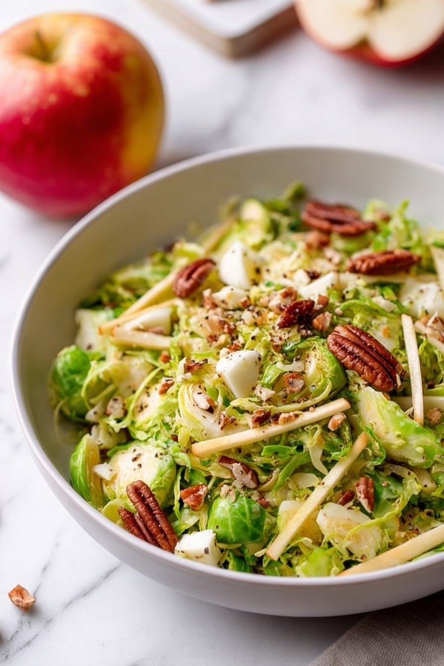 A white bowl filled with a fresh salad featuring multiple layers: the base consists of thinly sliced green Brussels sprouts with a crisp texture, scattered with thin, pale yellow apple sticks. On top, there are toasted brown pecans providing a crunchy element, and small chunks of white cheese sprinkled throughout. The salad looks lightly seasoned with black pepper flakes. In the background, a whole red and yellow apple rests on a white marbled surface, adding color contrast. The scene is bright and clean, with soft natural light illuminating the fresh ingredients. Photo taken with an iphone --ar 2:3 --v 7 - Fall Brussels Sprout Salad with Apples and Blue Cheese, Brussels Sprouts Salad, Autumn Side Salad, Easy Fall Recipes, Healthy Fall Salad