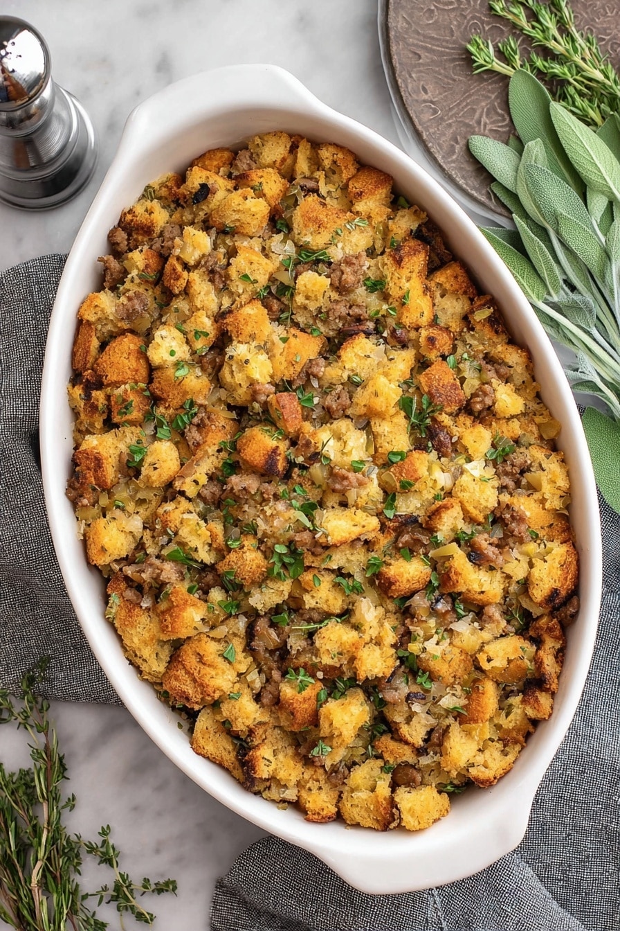 The image shows a large white oval baking dish filled with stuffing. The stuffing has a mix of golden-brown bread cubes, bits of cooked sausage, and small pieces of mushroom, all mixed together with finely chopped green herbs and onions. There are whole sage leaves and parsley sprinkled on top for garnish. The texture looks crumbly and slightly crisp on the top layer. The dish is placed on a white marbled surface, next to a gray cloth and fresh green herbs. Behind it, a woman's hand is holding a stack with a silver pepper grinder on a white plate. Photo taken with an iphone --ar 2:3 --v 7 - Sausage and Chestnut Stuffing, Christmas stuffing recipes, savory holiday stuffing, browned bread stuffing, roasted chestnut stuffing