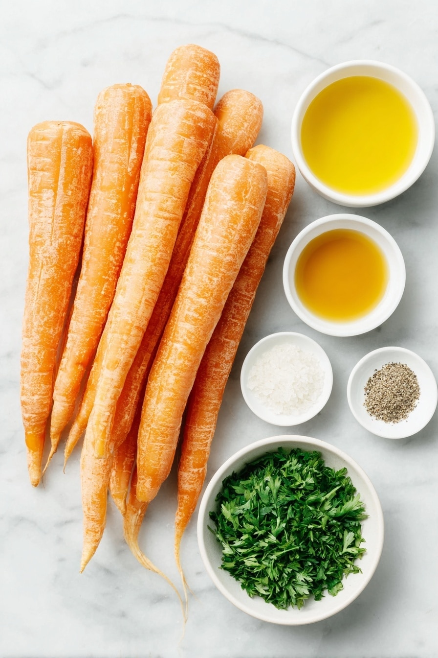 Flat lay of fresh whole unpeeled large and medium carrots cut into thick barrels, a small white ceramic bowl of golden extra-virgin olive oil, a small white ceramic bowl of amber honey, a small white ceramic bowl of coarse sea salt, a small white ceramic bowl with freshly ground black pepper, and a small white ceramic bowl of bright chopped fresh parsley, all symmetrically arranged on a clean white marble surface, soft natural light, photo taken with an iPhone, professional food photography style, fresh ingredients, white ceramic bowls, no bottles, no duplicates, no utensils, no packaging --ar 2:3 --v 7 --p m7354615311229779997 - Sweet Honey Roasted Carrots, honey roasted carrots side dish, easy roasted carrots recipe, healthy vegetable side dish, flavorful roasted carrots