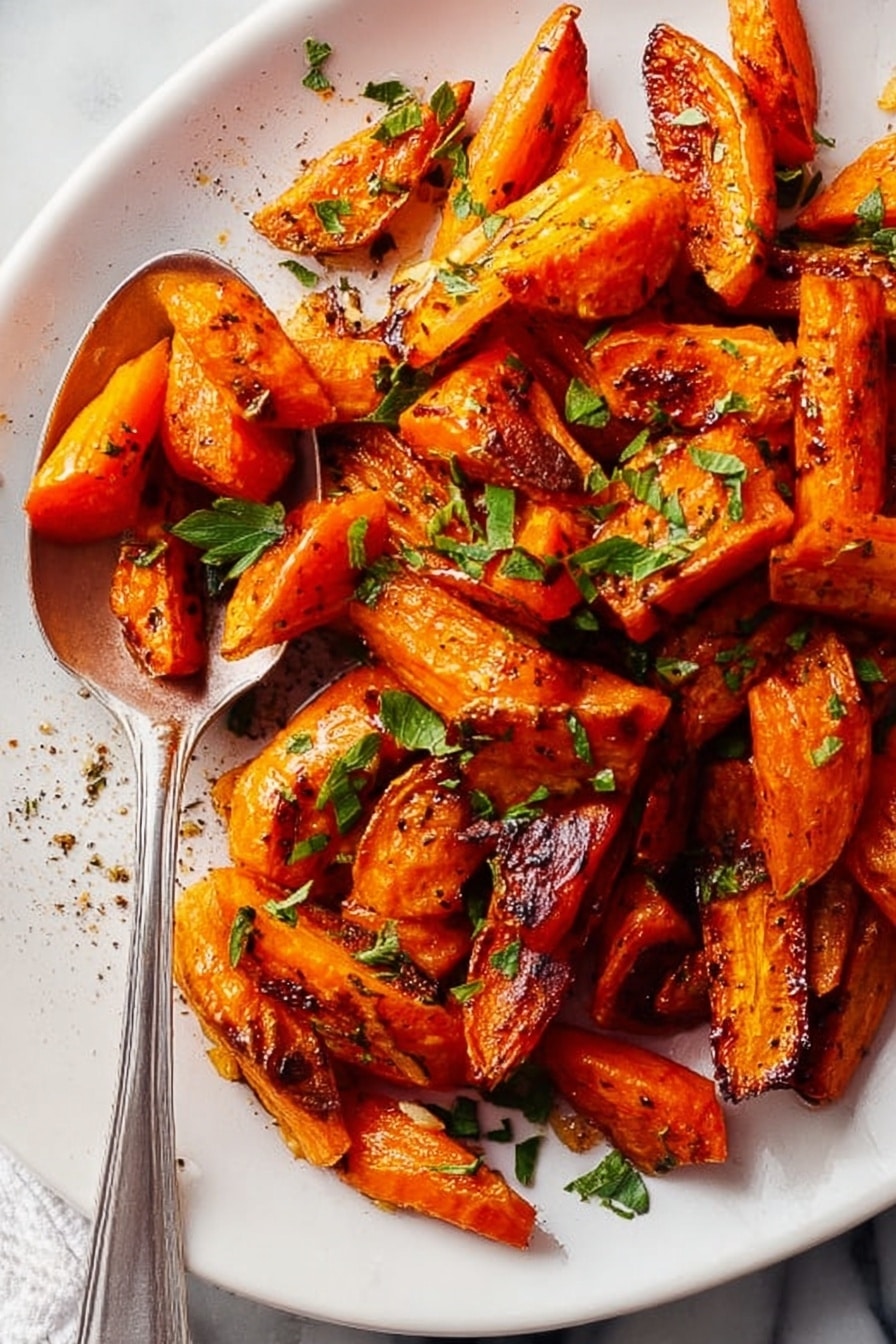 The image shows a white plate filled with roasted carrot pieces, each piece orange with some parts browned and slightly charred, giving a crispy texture. The carrots are sliced into thick, uneven chunks, arranged in a loose pile. Small bits of green herbs are scattered on top, adding a fresh contrast. A silver spoon rests on the plate, holding several carrot pieces, and the edge of the plate shows some seasoning like pepper. The whole scene sits on a white marbled surface. photo taken with an iphone --ar 2:3 --v 7 - Sweet Honey Roasted Carrots, honey roasted carrots side dish, easy roasted carrots recipe, healthy vegetable side dish, flavorful roasted carrots