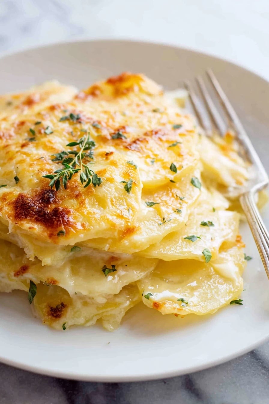 A close-up of a plate holding a serving of creamy potato gratin. The dish has multiple thin layers of soft, pale yellow potatoes, each covered with a smooth, light golden sauce that looks cheesy and slightly browned on top. The top layer is bubbly and lightly browned with small green herb leaves scattered across it, adding a fresh touch. On the edge of the white plate, there is a silver fork resting. The background shows a white marbled surface. photo taken with an iphone --ar 2:3 --v 7 - Creamy Potatoes au Gratin, potatoes au gratin, cheesy potato side dish, potato casserole recipes, indulgent comfort food