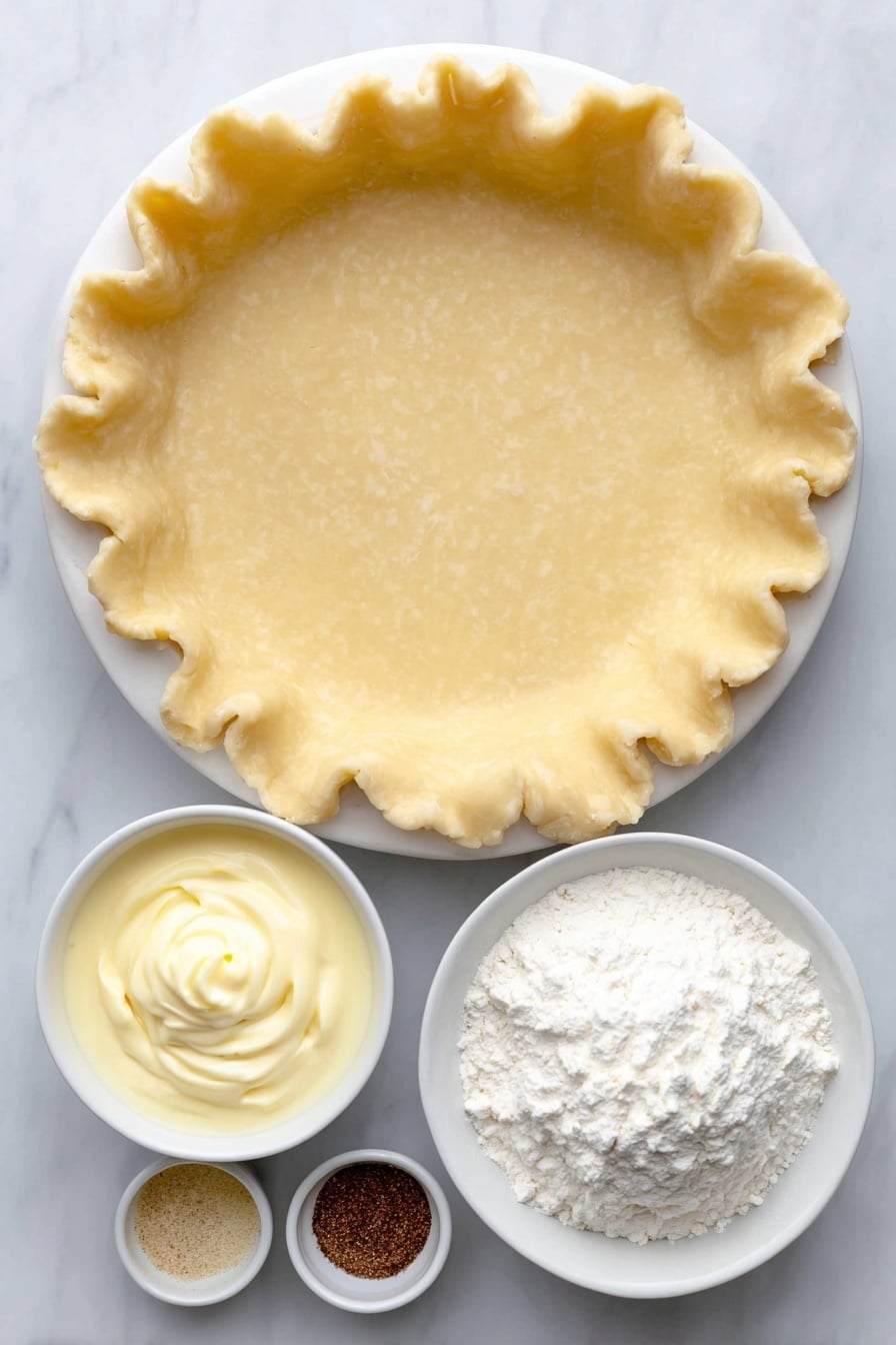 Flat lay of a whole uncut golden brown pie crust on a simple white ceramic plate, a small white ceramic bowl filled with creamy pale yellow eggnog, a small white ceramic bowl of smooth white whipped topping, a small white ceramic bowl with fine ground nutmeg, and a small white ceramic bowl holding fine vanilla pudding powder, all arranged symmetrically and balanced, placed on a clean white marble surface, soft natural light, photo taken with an iPhone, professional food photography style, fresh ingredients, white ceramic bowls, no bottles, no duplicates, no utensils, no packaging --ar 2:3 --v 7 --p m7354615311229779997 - Eggnog Pie No Bake Christmas Dessert Holiday Treat Easy Eggnog Pie Creamy Festive Pie