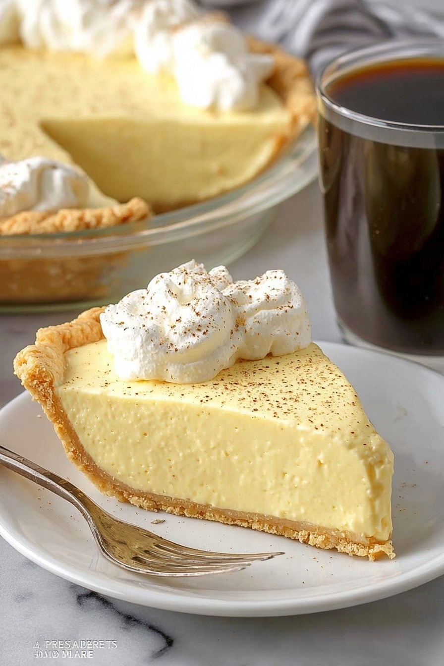 The image shows a slice of creamy yellow pie with a thick smooth filling resting on a white plate. The pie has a golden brown flaky crust around the edge. On top of the filling is a dollop of white whipped cream sprinkled lightly with brown spice. Beside the slice is a silver fork. In the background, the rest of the pie is visible in a clear glass pie dish, showing the same creamy filling and crust. To the right of the pie is a white mug filled with dark coffee. All items are placed on a white marbled surface. photo taken with an iphone --ar 2:3 --v 7 - Eggnog Pie No Bake Christmas Dessert Holiday Treat Easy Eggnog Pie Creamy Festive Pie