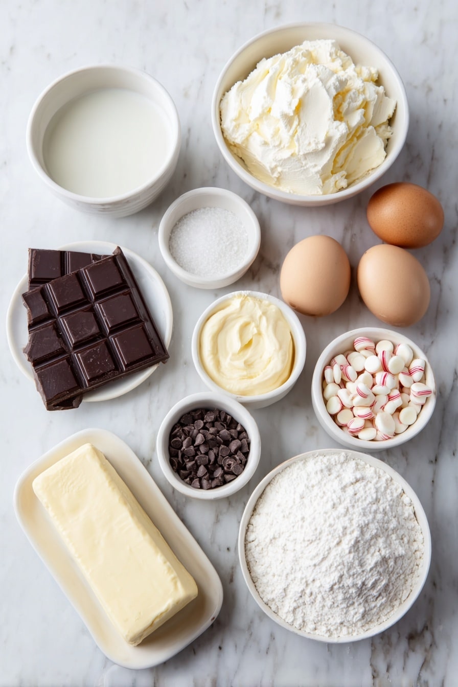 Flat lay of two sticks of unsalted butter, a small white bowl of water, a small white bowl of all-purpose flour, a small white bowl of granulated sugar, a small white bowl heaping with sour cream, two brown eggs with clean shells, a small white bowl of pure vanilla extract, a small white bowl of baking soda, a small white bowl of salt, one stick of unsalted butter softened, an 8-ounce block of cream cheese softened, a small white bowl filled with powdered sugar, a small white bowl of holiday sprinkles, several straight pieces of mini candy canes without crooks, and round peppermint candies arranged in perfect symmetry on simple white ceramic dishes, placed on a clean white marble surface, soft natural light, photo taken with an iPhone, professional food photography style, fresh ingredients, white ceramic bowls, no bottles, no duplicates, no utensils, no packaging --ar 2:3 --v 7 --p m7354615311229779997 - Holiday Christmas Sheet Cake With Candy Cane Trees, festive holiday cake, Christmas dessert ideas, peppermint sheet cake, holiday party treats