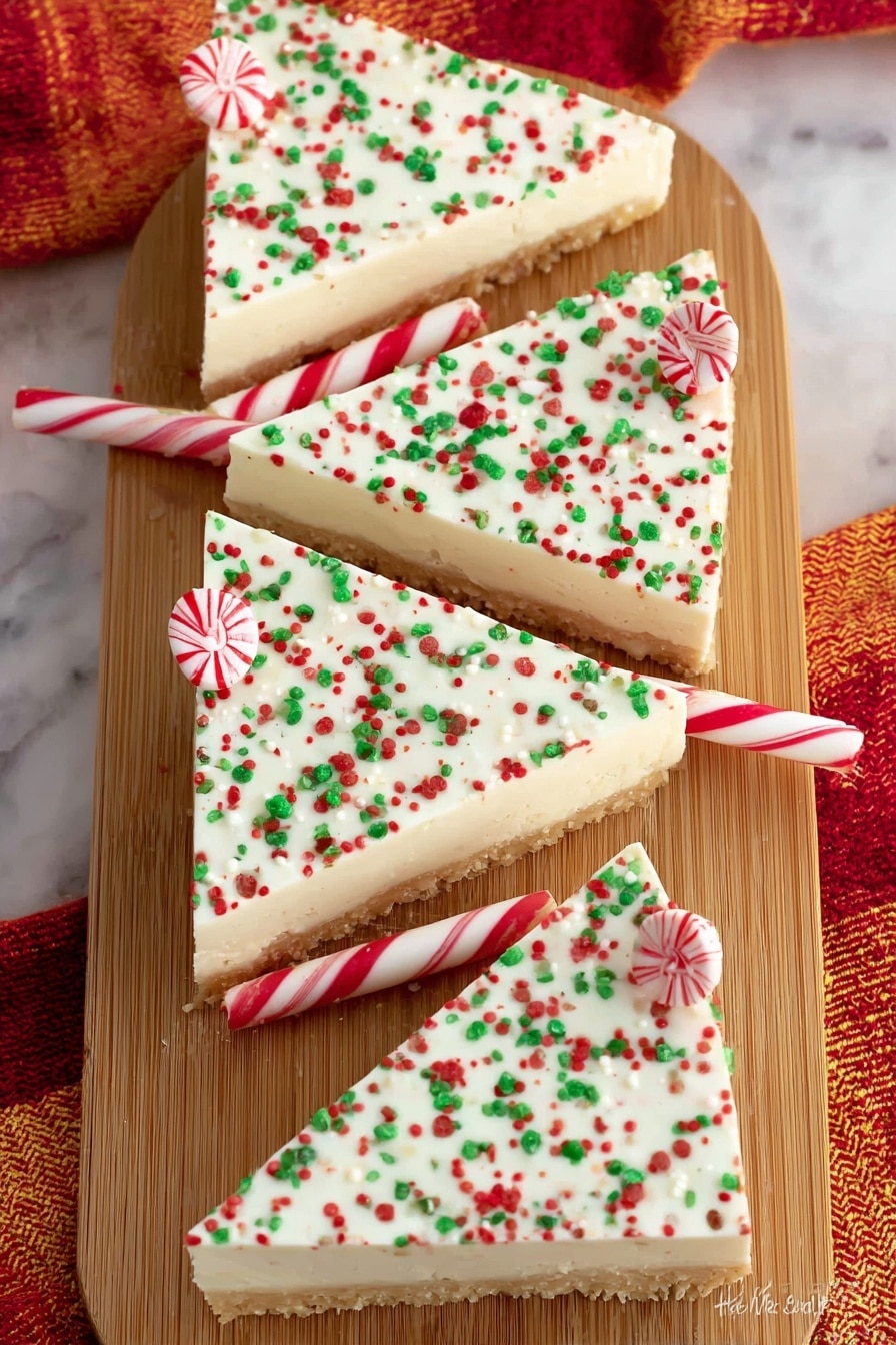 A triangular cookie covered with smooth white icing and decorated with red, green, black, and white round and rod sprinkles is placed in the center of a white plate on a white marbled surface. A round peppermint candy with red and white swirls is positioned at the top point of the triangle, and a red and white striped candy stick is inserted vertically at the bottom tip to resemble a tree trunk. The plate sits on a red, orange, and yellow woven placemat. Photo taken with an iphone --ar 2:3 --v 7 - Holiday Christmas Sheet Cake With Candy Cane Trees, festive holiday cake, Christmas dessert ideas, peppermint sheet cake, holiday party treats