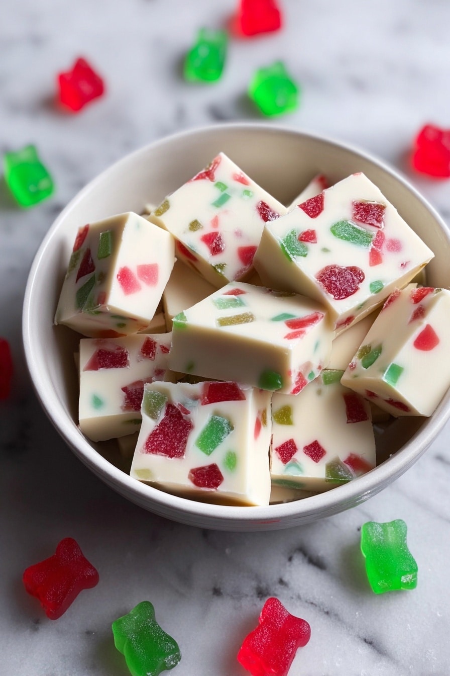 The image shows many small square-shaped fudge pieces scattered across a surface with a white marbled texture. Each fudge piece has a smooth, creamy white base with colorful red and green candy bits mixed inside, giving a speckled look. The candy bits are unevenly spread and embedded throughout each piece, adding bright spots of color to the soft white texture. The fudge squares are closely placed but not stacked, showing their thick, solid form clearly. photo taken with an iphone --ar 2:3 --v 7 - Christmas Gumdrop Nougat Bars, festive candy, no-bake holiday treats, chewy marshmallow bars, fruity gumdrop dessert
