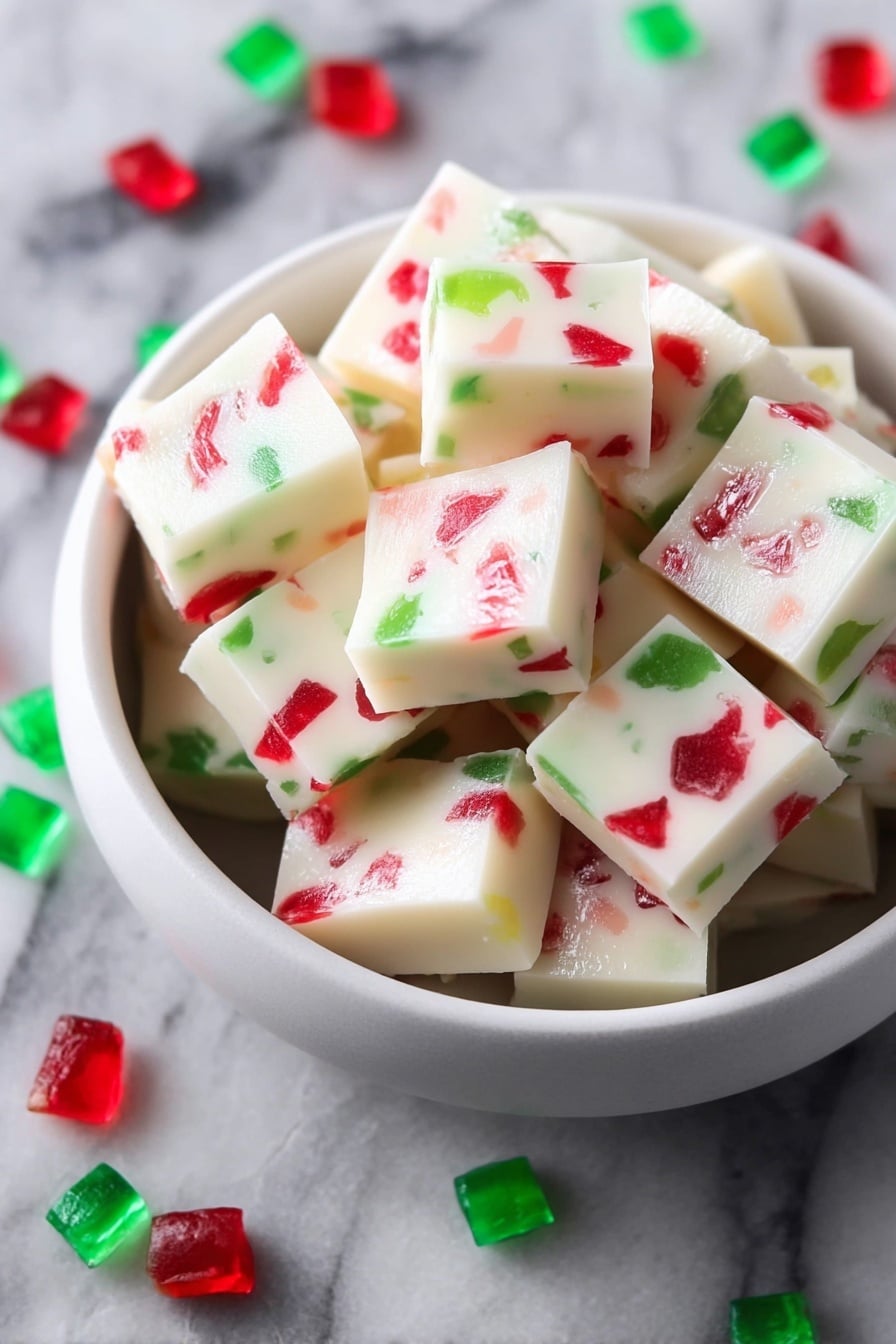 A white bowl is filled with small square blocks of white fudge that have red and green gummy pieces mixed inside them. The fudge squares are piled neatly in the bowl, showing smooth surfaces mixed with the colorful gummy bits. Around the bowl, red and green gummy candies are scattered on a white marbled texture. The contrast of the bright red and green gummies inside the creamy white fudge makes the dish look festive and inviting. photo taken with an iphone --ar 2:3 --v 7 - Christmas Gumdrop Nougat Bars, festive candy, no-bake holiday treats, chewy marshmallow bars, fruity gumdrop dessert