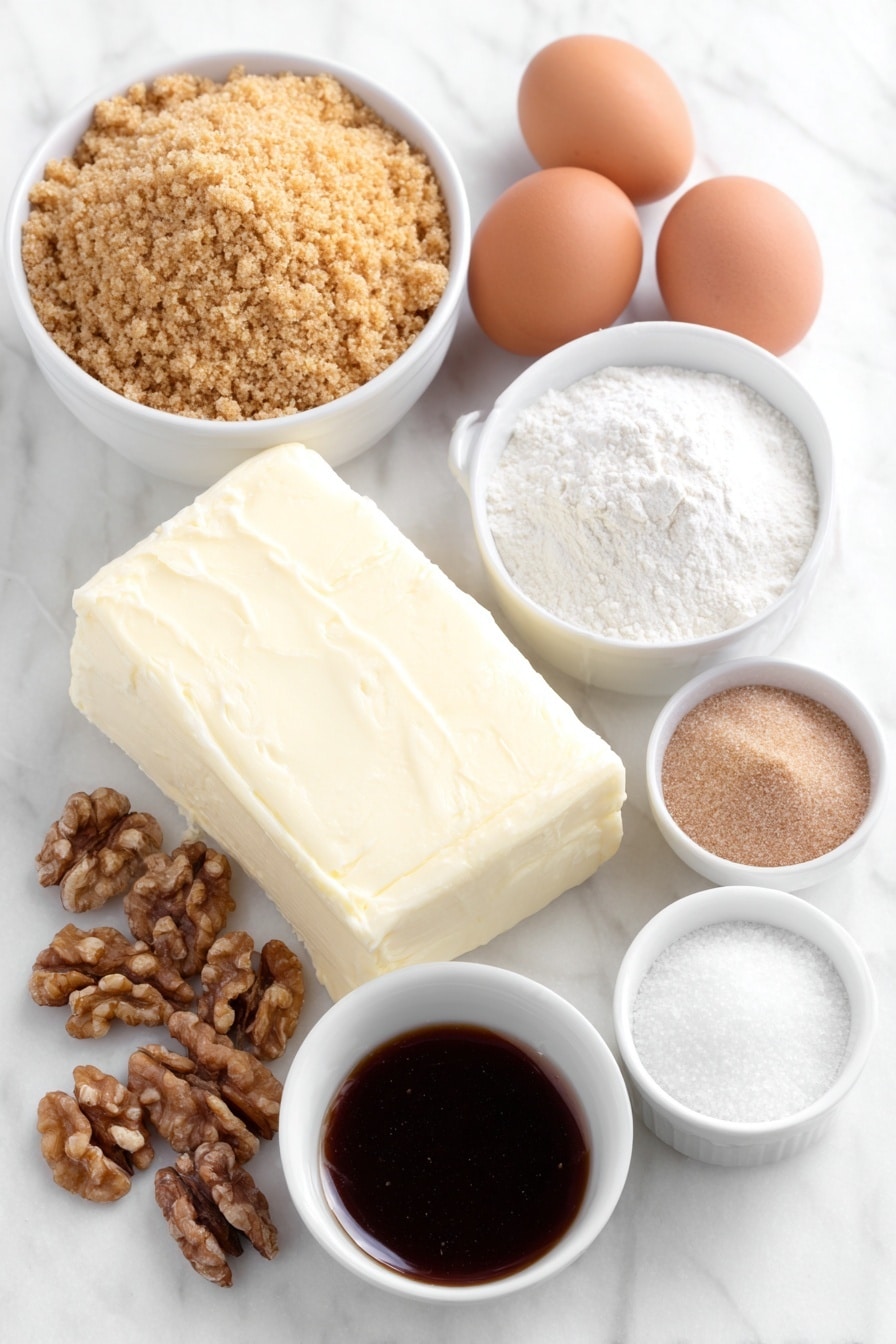 Flat lay of a small mound of golden graham cracker crumbs, a handful of whole walnuts, a few small pats of melted butter in a white ceramic bowl, a small white bowl filled with packed dark brown sugar, a large block of creamy white cream cheese, a small white bowl of light brown fluffy brown sugar, a tiny white bowl holding clear vanilla extract, a small white bowl with fine white flour, four clean whole brown eggs, a small white bowl with dark amber maple syrup, and a small white bowl filled with glossy maple caramel sauce, all arranged symmetrically on a clean white marble surface, soft natural light, photo taken with an iPhone, professional food photography style, fresh ingredients, white ceramic bowls, no bottles, no duplicates, no utensils, no packaging --ar 2:3 --v 7 --p m7354615311229779997 - Maple Cheesecake, maple cheesecake recipe, autumn dessert recipes, rich cheesecake with maple, easy maple cheesecake