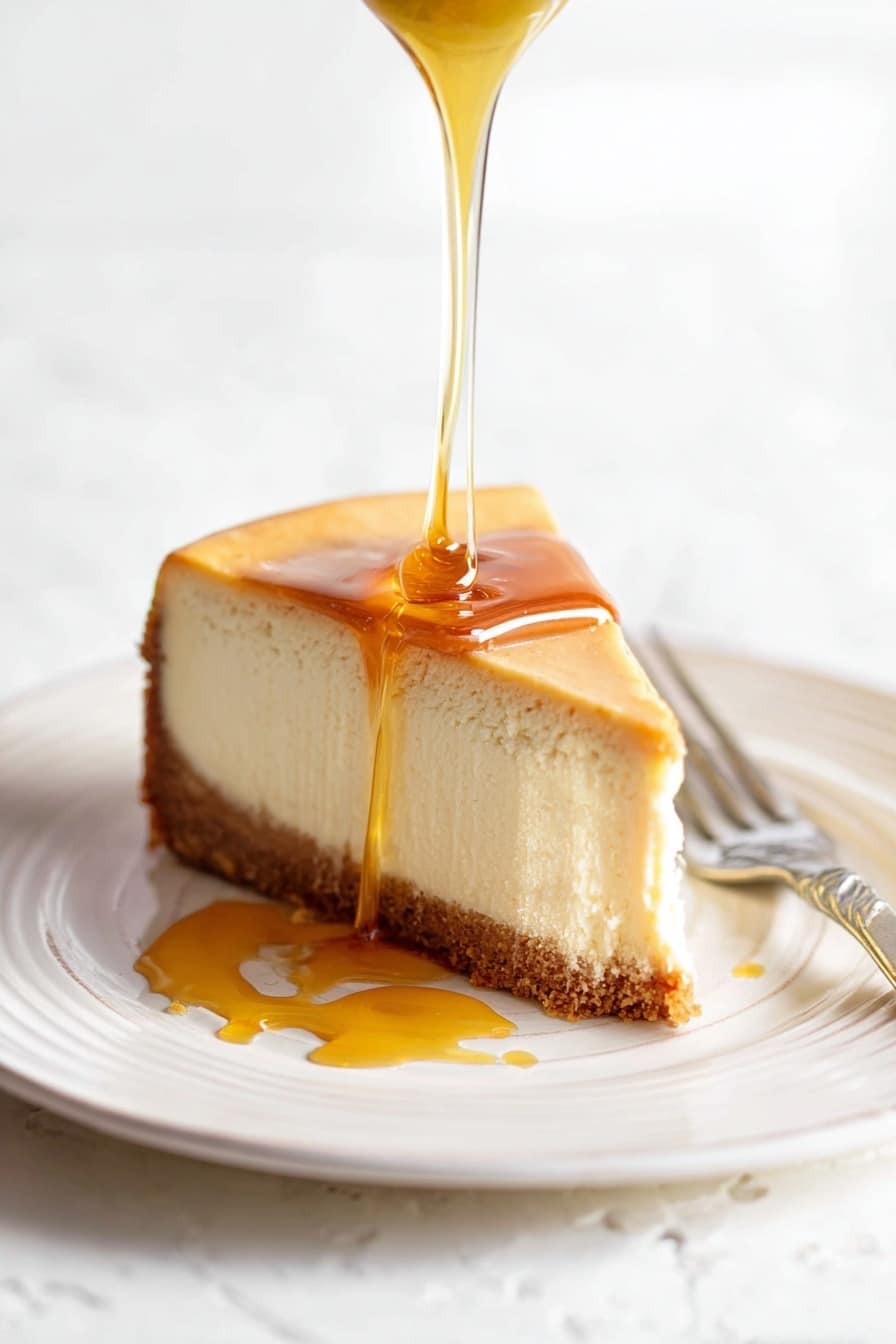The image shows a single slice of cheesecake on a white plate with a slightly raised edge. The cheesecake has three layers: a thick, dense cream-colored filling in the middle, a thin light golden-brown top layer, and a darker brown crumbly crust at the bottom. A thick golden syrup is being poured from above, flowing smoothly over the top of the cheesecake and dripping down the side, pooling slightly on the plate. The surface beneath the plate is a white marbled texture, and in the background a blurred silver fork lies next to the plate. Photo taken with an iphone --ar 2:3 --v 7 - Maple Cheesecake, maple cheesecake recipe, autumn dessert recipes, rich cheesecake with maple, easy maple cheesecake